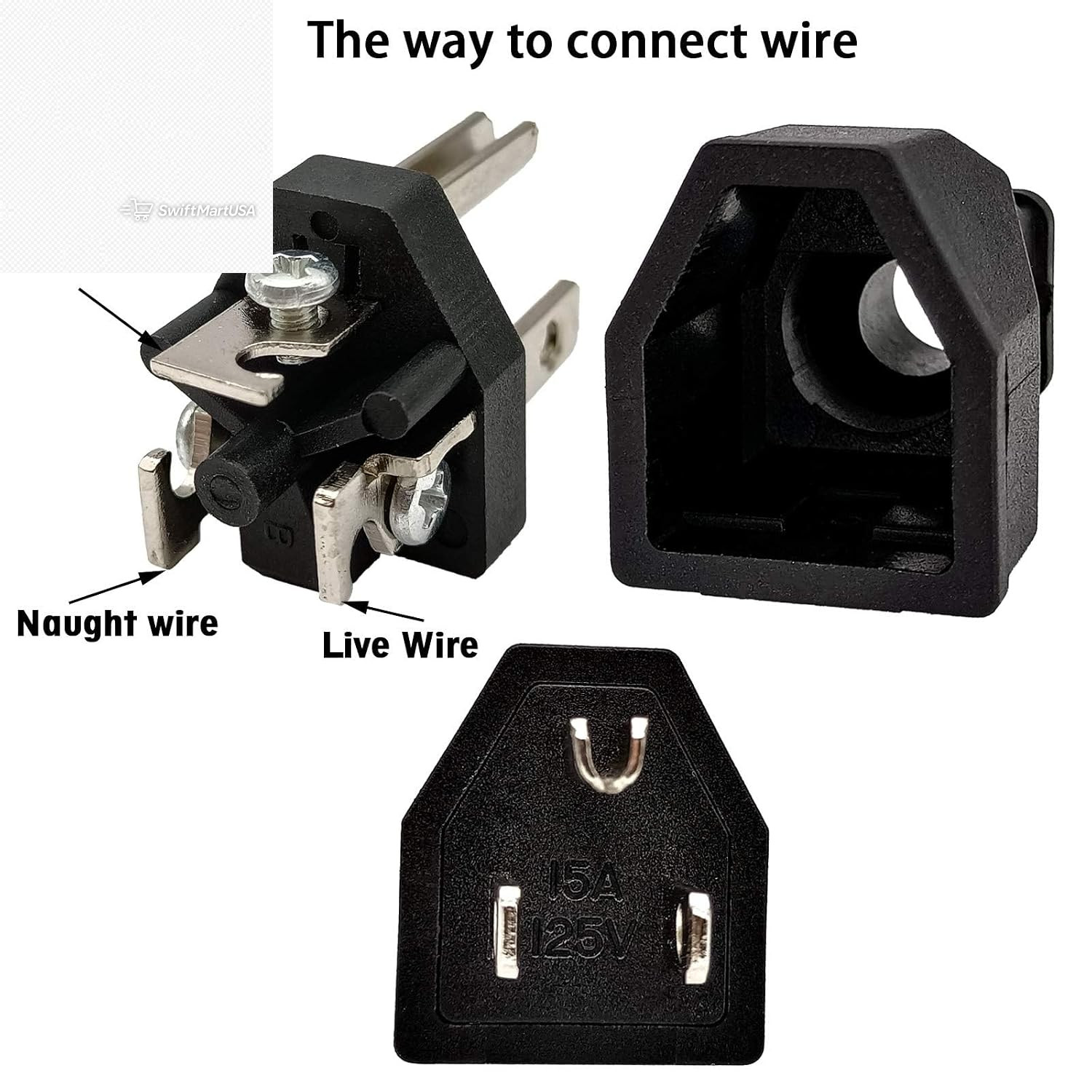 3 Pack 15 Amp 125V Straight Blade Plug Male Extension Cord Replacement Black