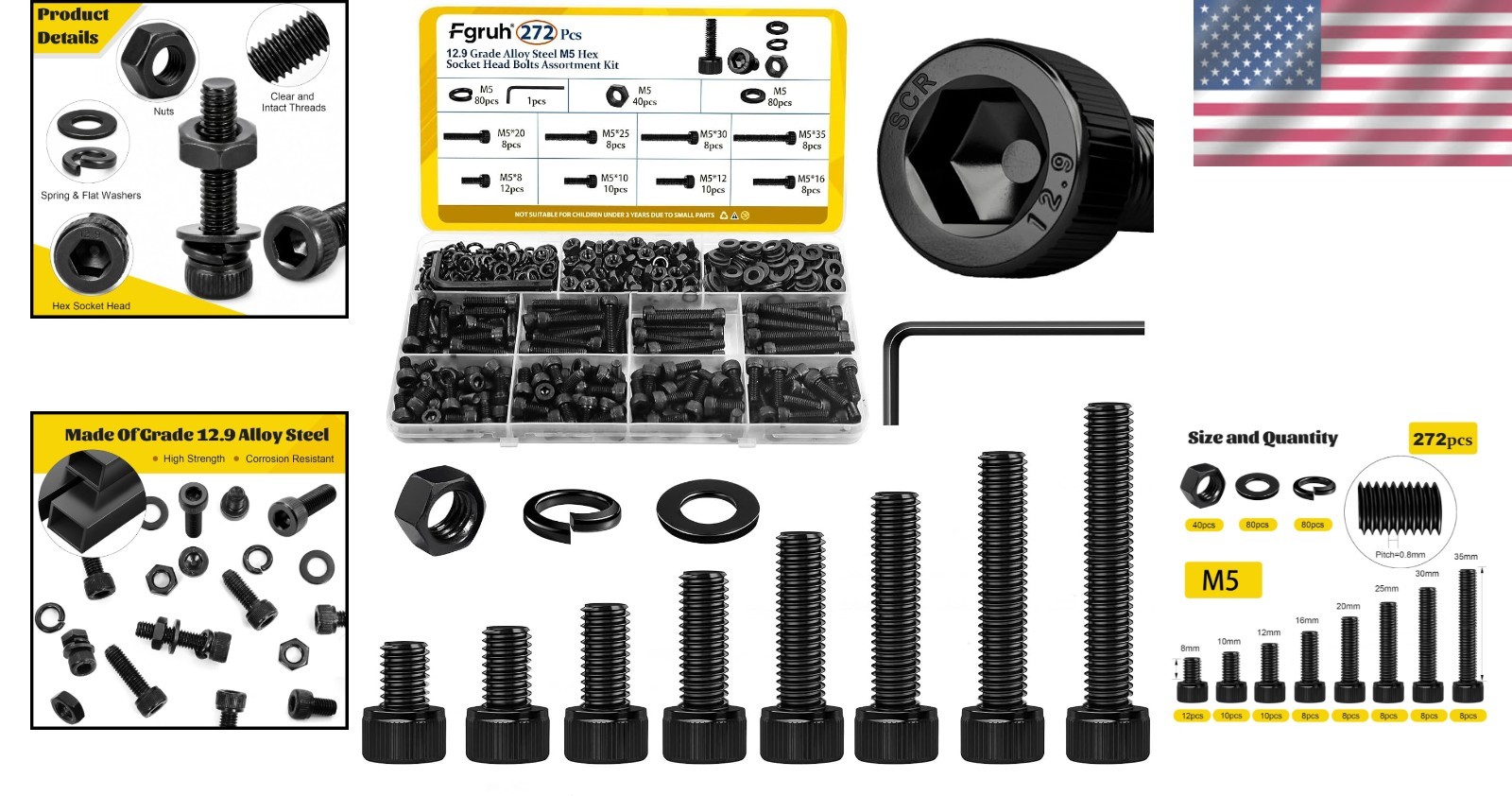 272PCS M5 Screws, Nuts & Washers Set – Hex Socket Head Cap Bolts Assorted