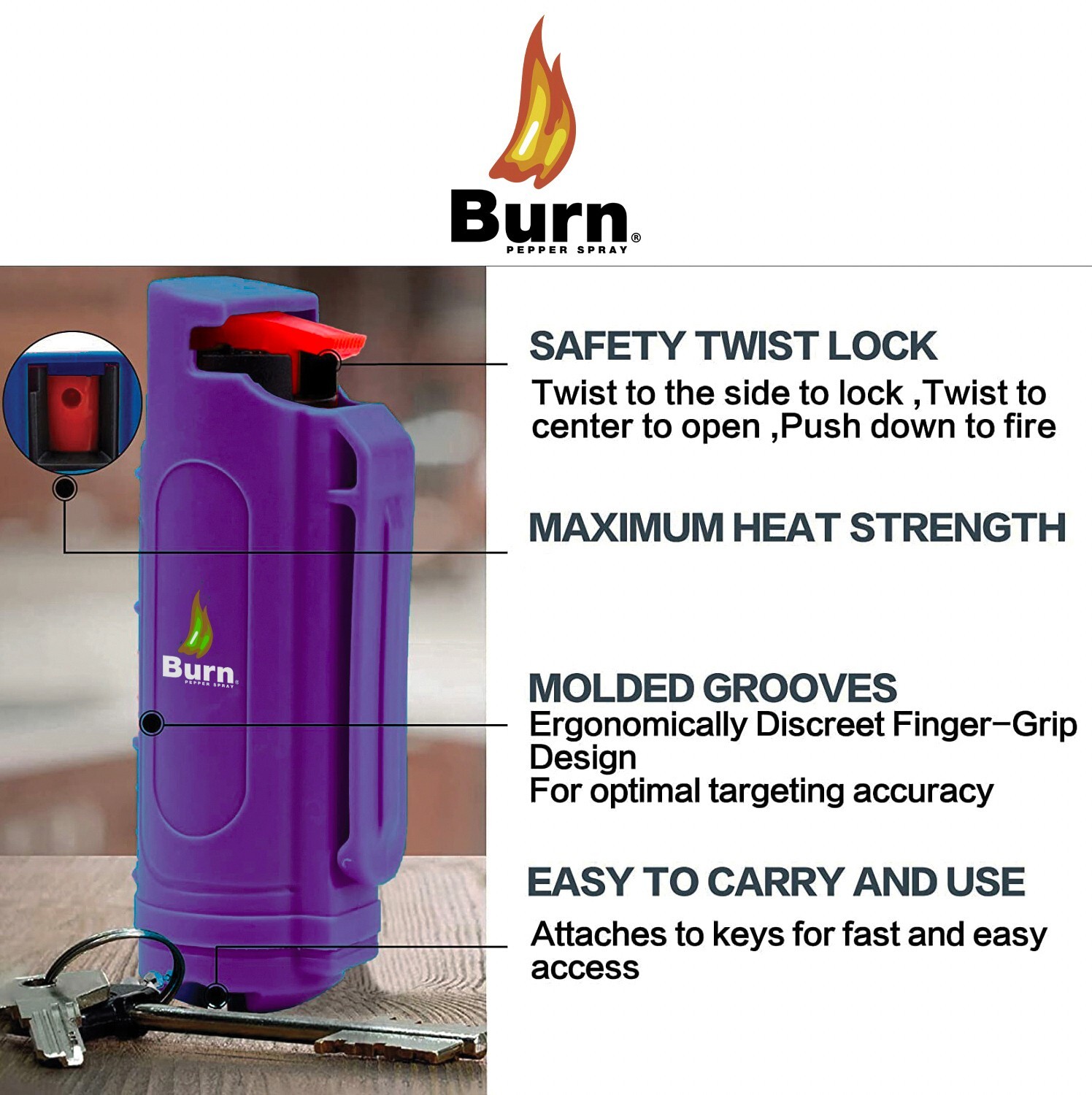 BURN PEPPER SPRAY Maximum Strength Self Defense Security Keychain Purpe 2 Pack