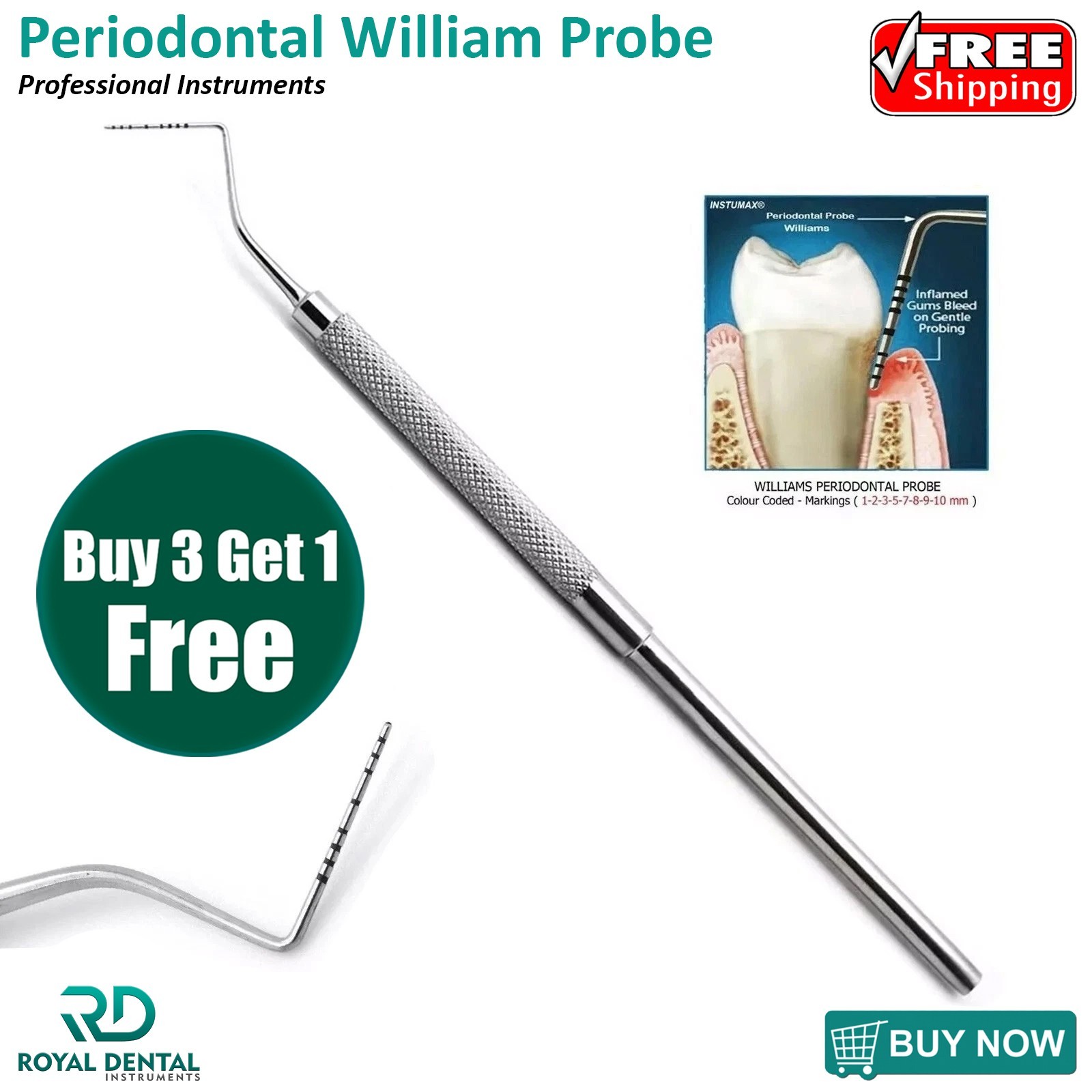 10-Peices Perio Probe William Dental Periodontal Probes Color Coated Instruments
