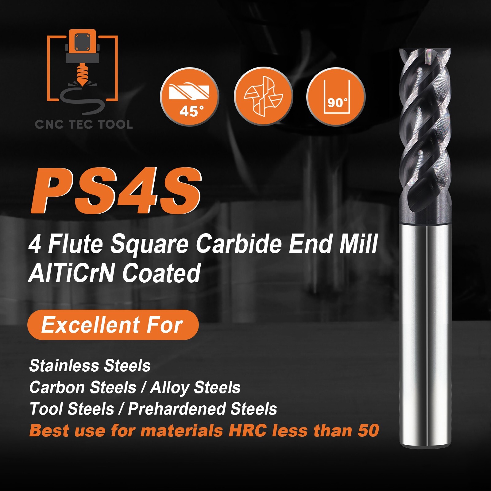 1 PCS 5/8″ 4 Flutes Square 45° Helix Carbide End Mill Bits AlTiCrN Coated HRC 50