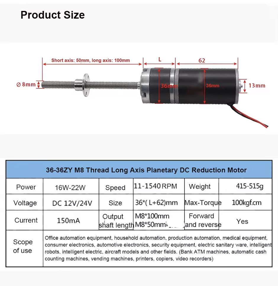 100kg 36mm 12V/24V M8 100mm/50mm threaded long shaft planetary DC reducer motor