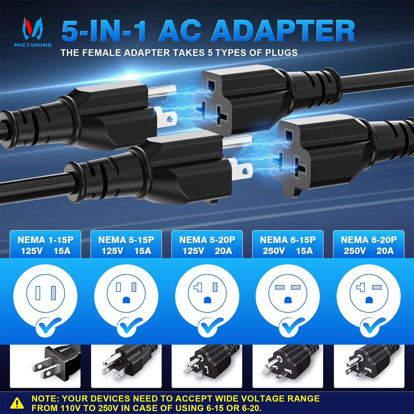 20″ 20A 125V AC Port Plug with 5-in-1 T-Blade Adapter RV Shore Power Inlet Plug