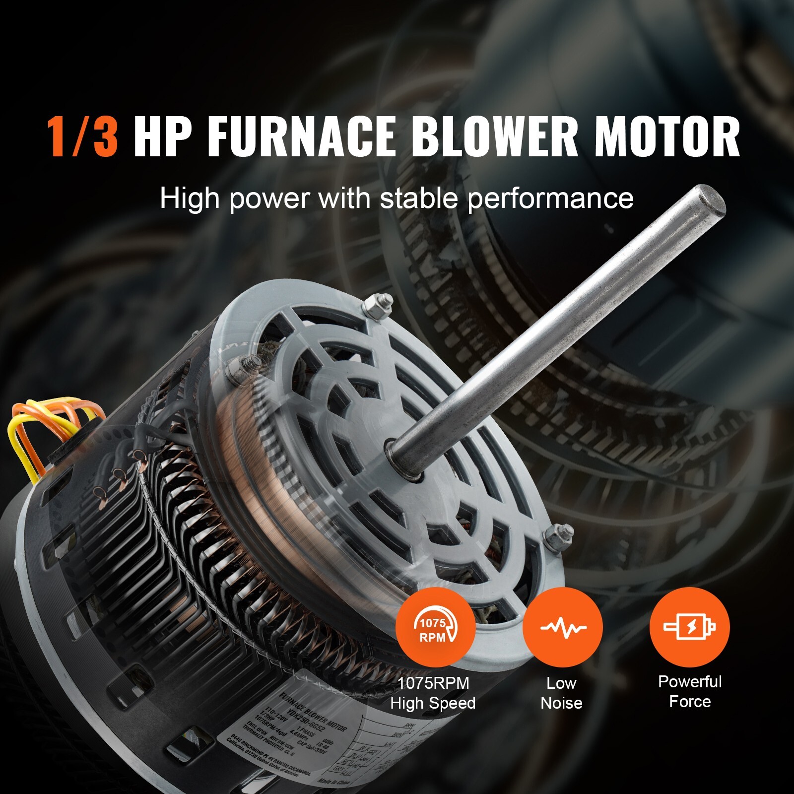 1/3HP Furnace Blower Motor 110-120V 4.4A 1075RPM 4 Speeds 48 Frame 1 Phase