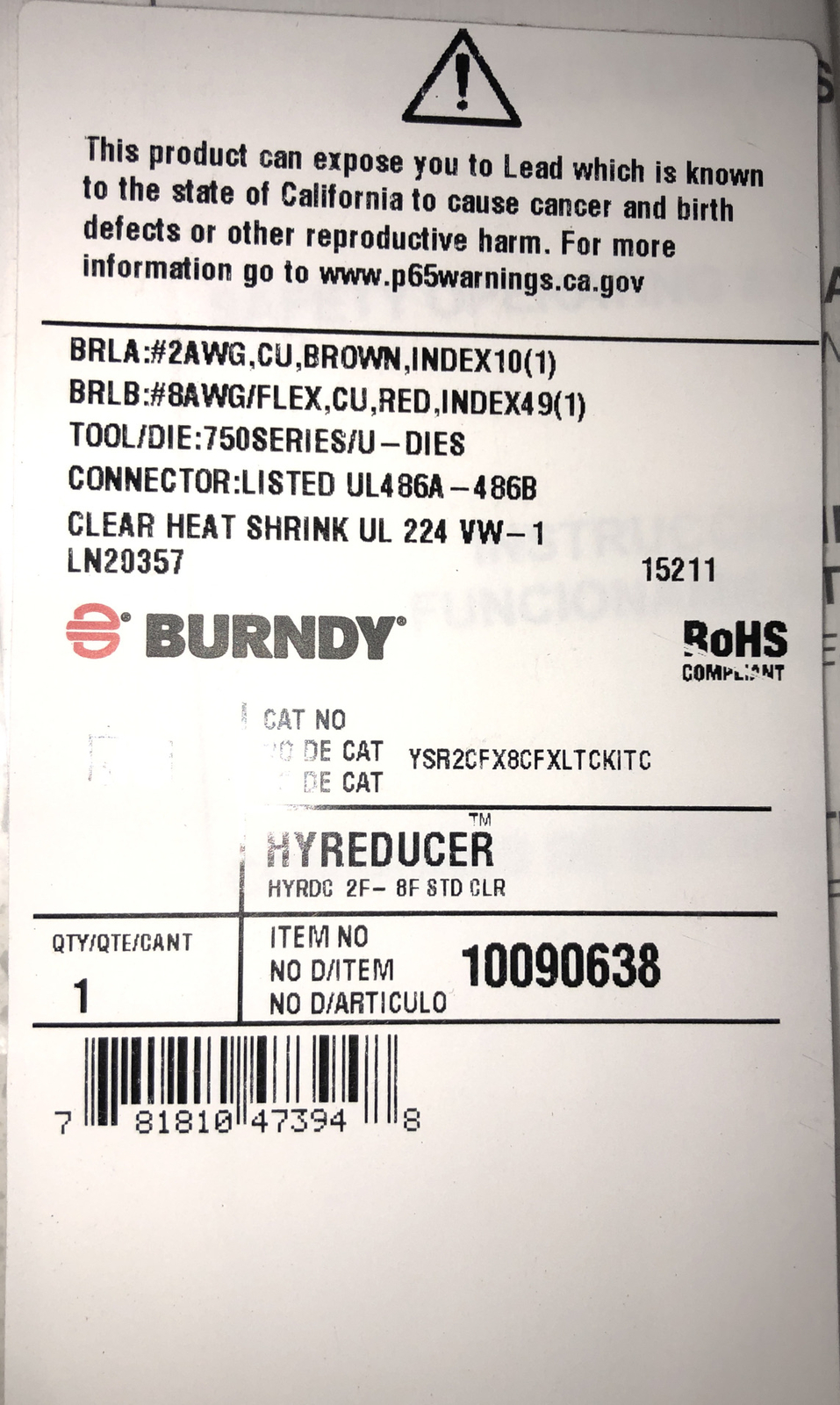 BURNDY IN-LINE HYREDUCER 10090638 #2AWG To #8AWG New Sealed