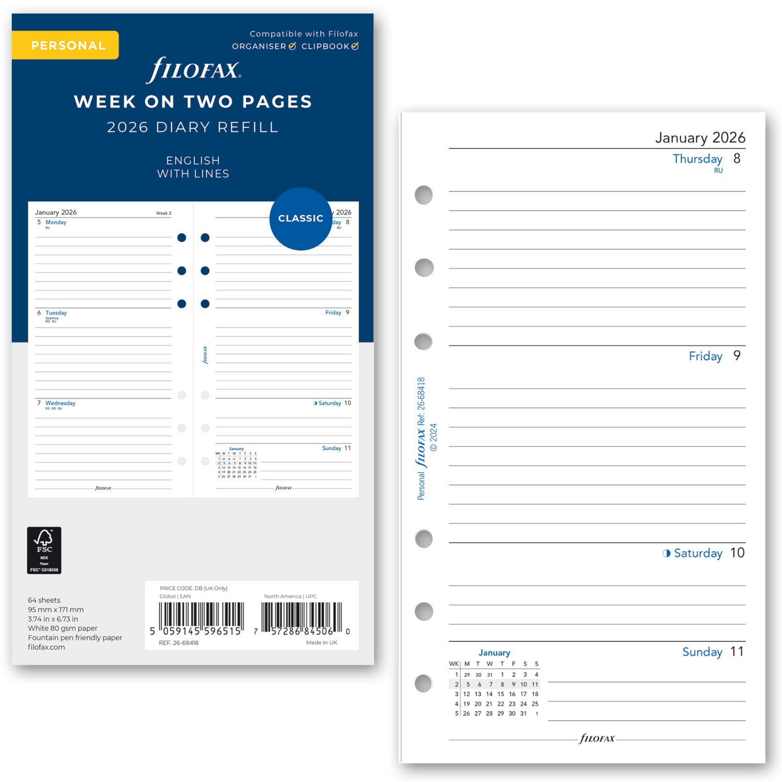 2026 Filofax Personal Size Refill 26-68418, Week on Two Pages, 95mm x 171mm