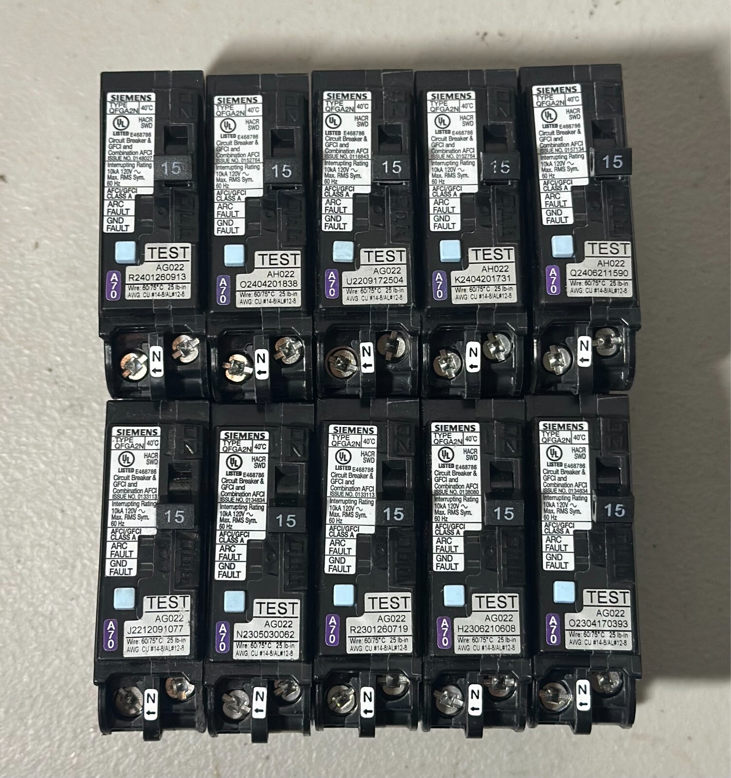 USED 10 PCS Siemens Q115DFN 15A 120V AFCI/GFCI Dual Function Circuit Breakers
