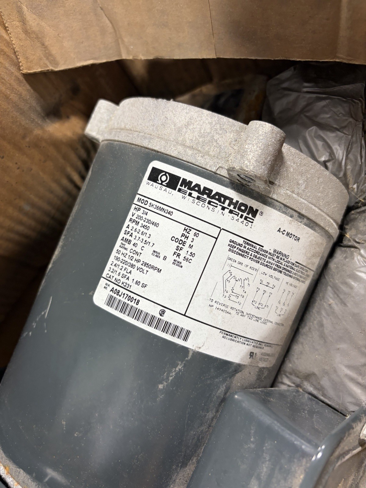 NEW MARATHON 5K36MN340 Motor K231 3ph 3/4hp 200-230/460V 60hz 3450rpm TEFC-56C