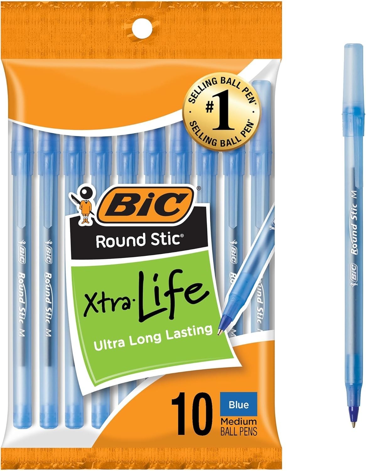10-Count Pack BIC Round Stic Xtra Life Blue Ballpoint Pens, Medium Point (1.0mm)