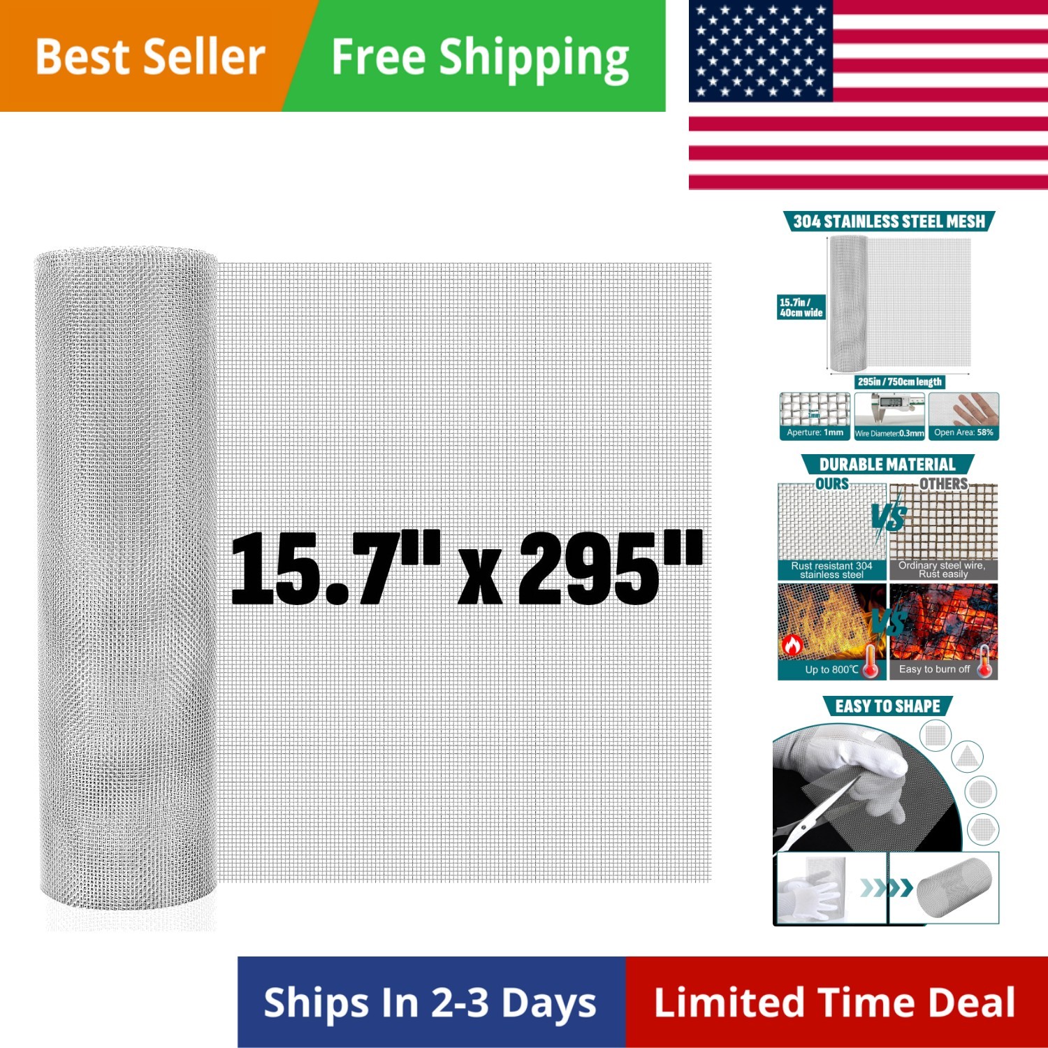 20 Mesh 304 Stainless Steel Mesh Screen, 15.7” x 295”40cm x 750cm Wire Scre…