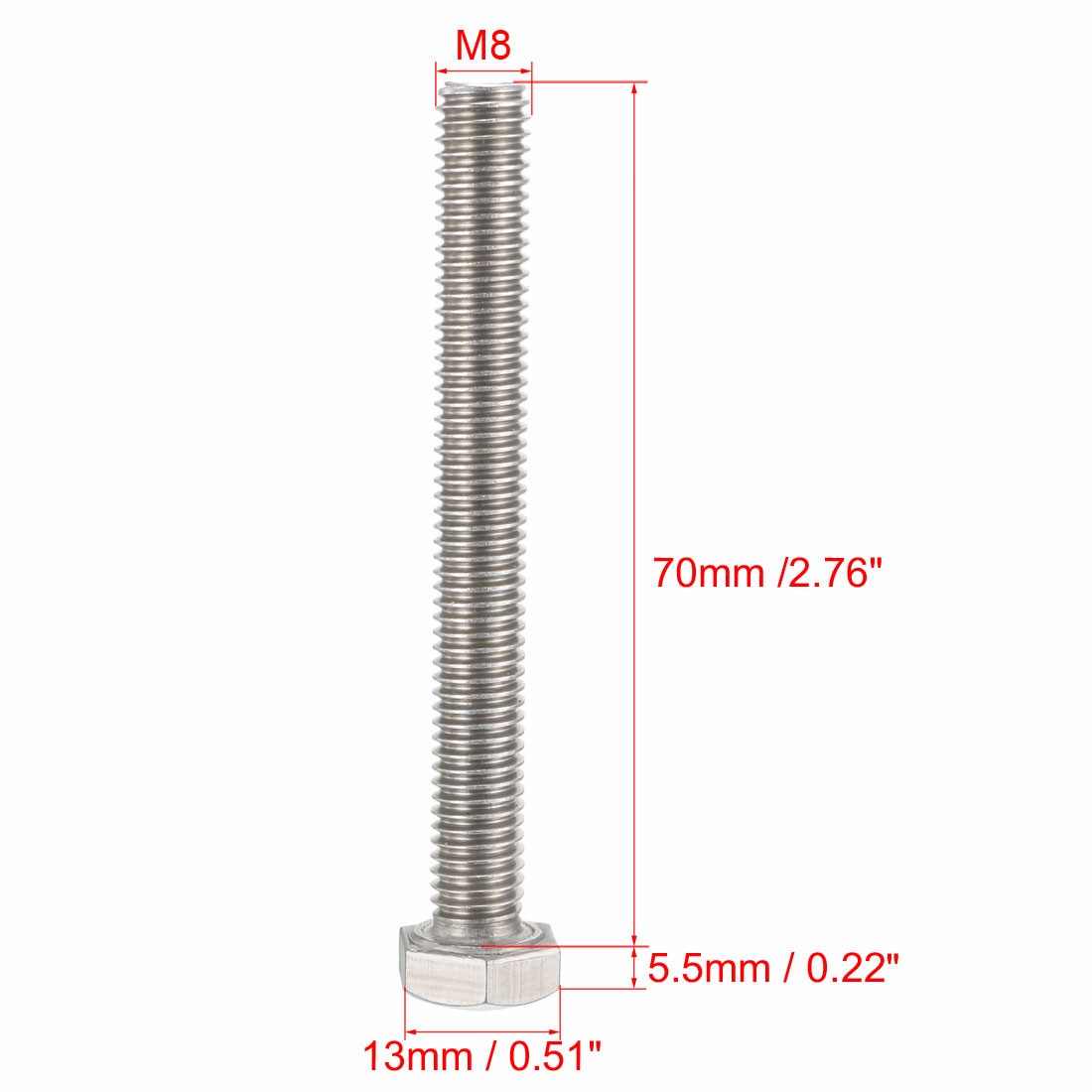 M8 x 70mm Hex Bolts 304 Stainless Steel Hexagon Screw Bolt 10pcs