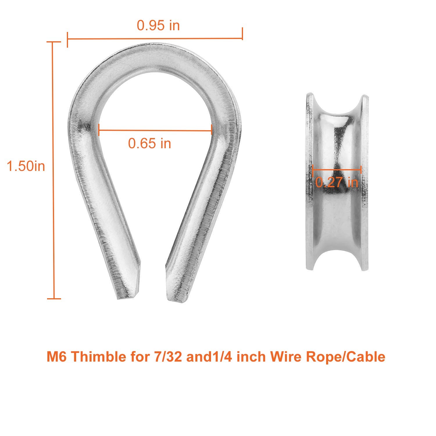 Cbtone 50 Pack M6 Stainless Steel Thimble For 1/4 Inch Diameter Wire Rope Cable