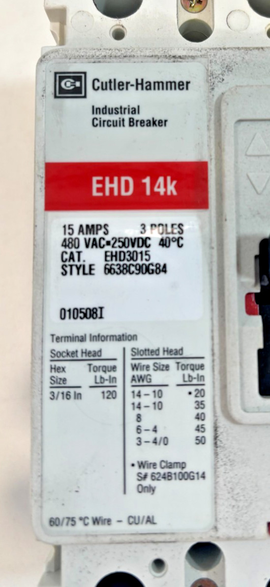 CUTLER HAMMER EHD3015 – 15A, 3P, 480 VOLT INDUSTRIAL CIRCUIT BREAKER, 14K – NEW