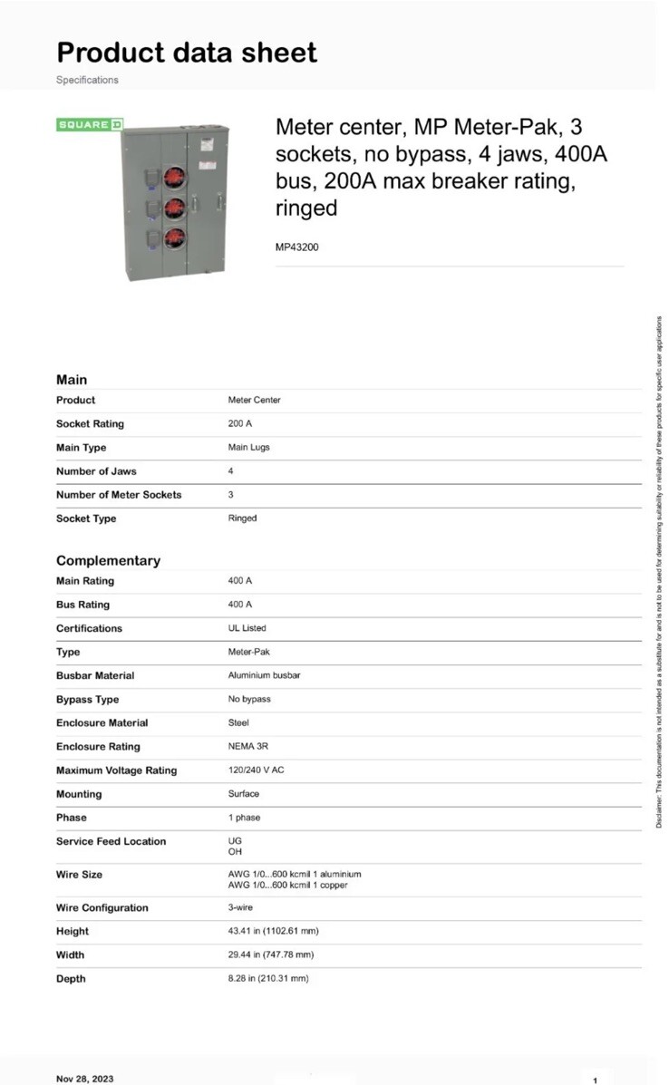 Square D MP43-200 Meter Pak, 200A 1PH, 3-gang 400A Main Buss SAME AS WEP4312