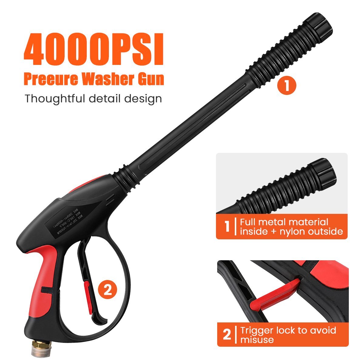 High Pressure 4000PSI Car Power Washer Gun Spray Wand Lance Nozzle + 50ft Hose