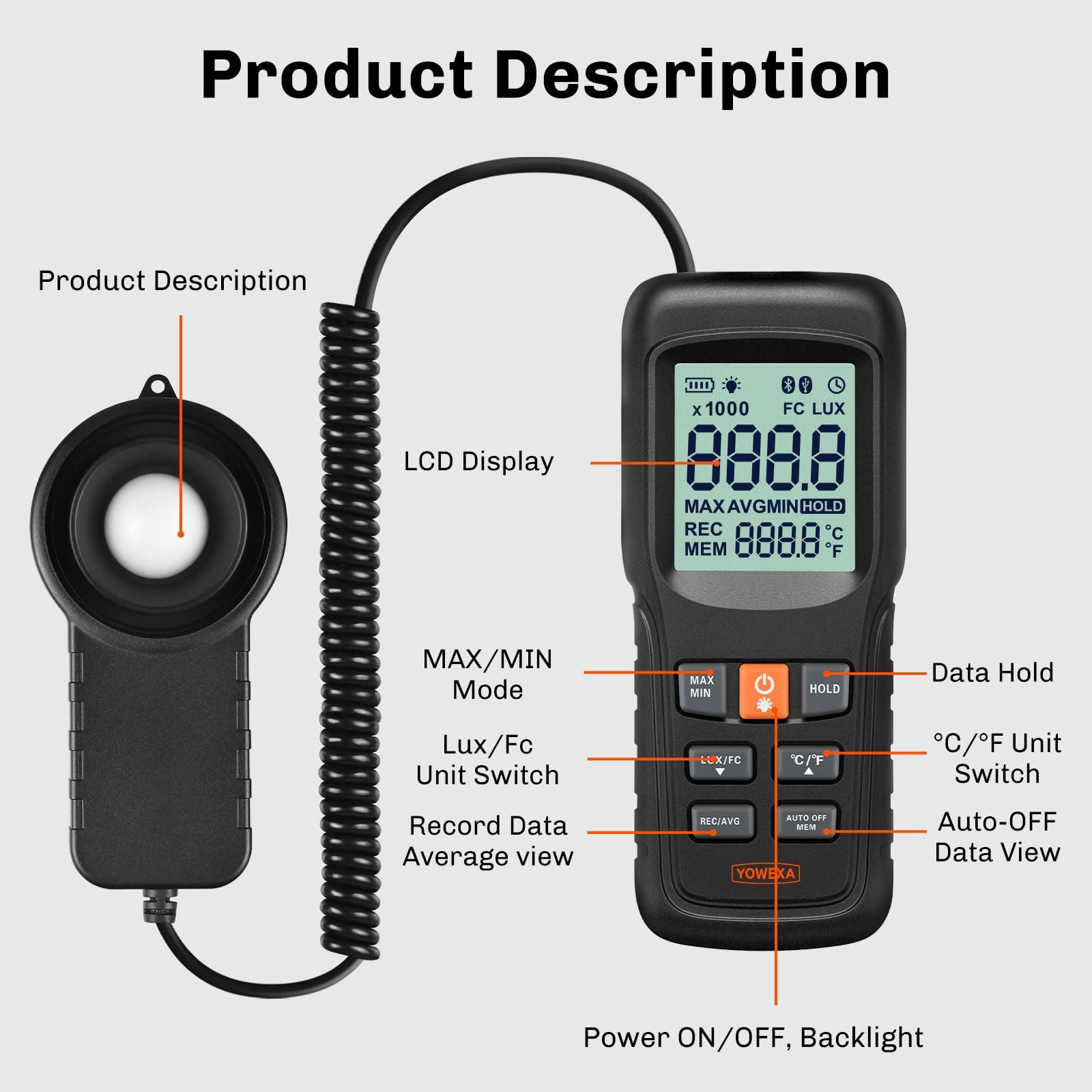 Digital Light Meter for Plants and Lighting, Split Sensor Lux Meter