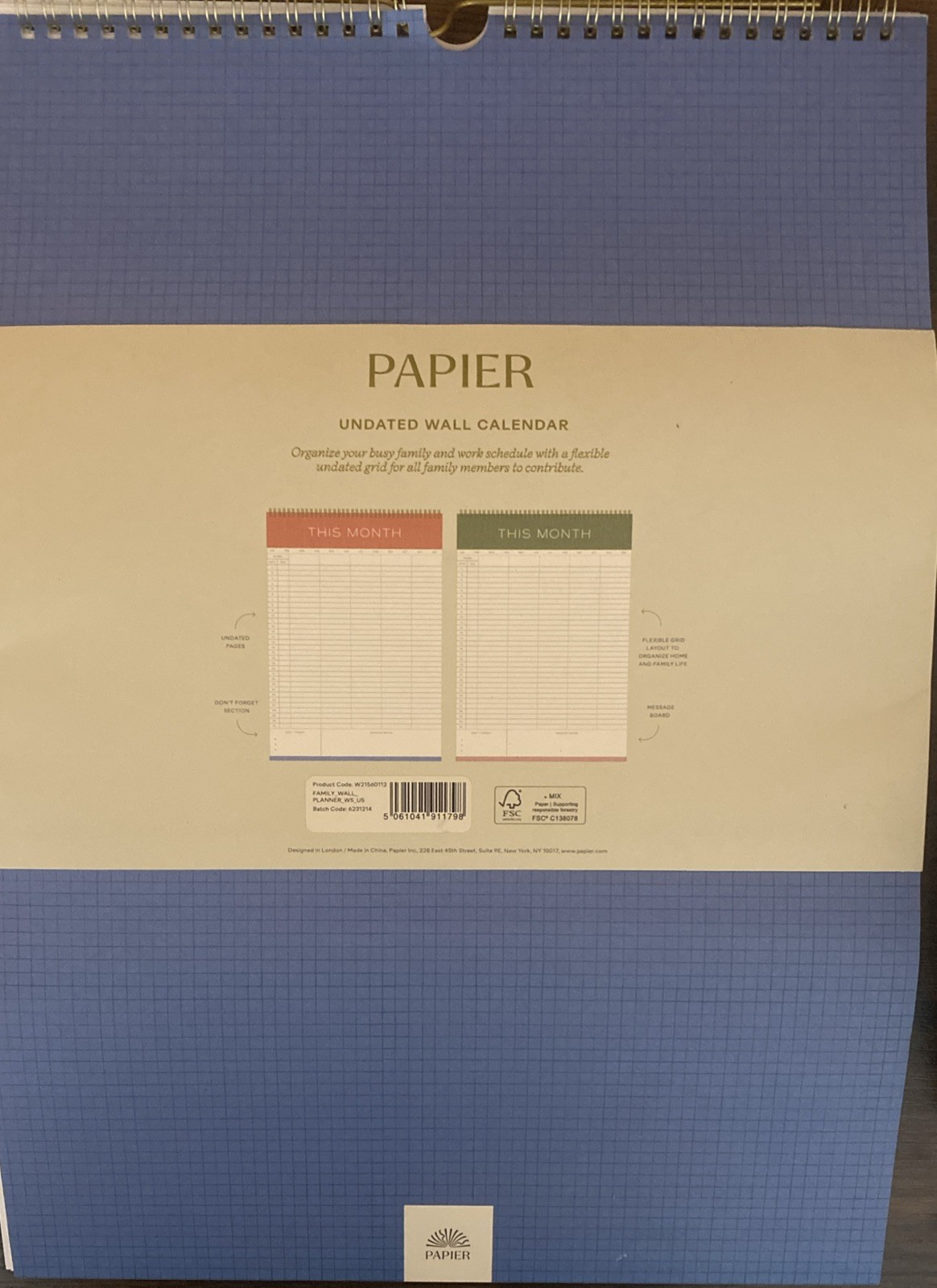 Papier Home Planner Undated 12 Monthly Pages Wall Hanging Will Ship Rolled