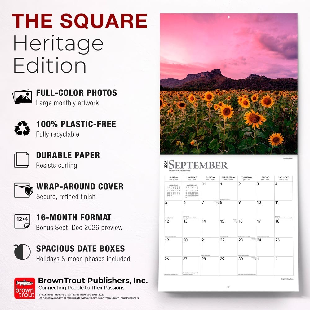 Sunflowers | 2027 12×24″ (Hanging) Monthly Square Wall Calendar | Plastic-Free