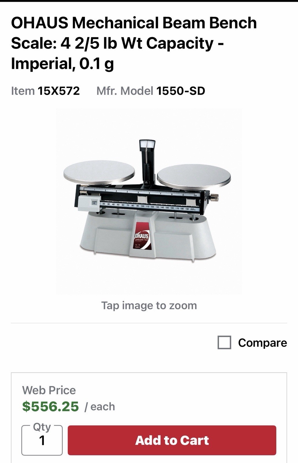 OHAUS Mechanical Beam BenchScale 4 2/5 Ib Wt Capacity Imperial, 0.1 g 1550-SD