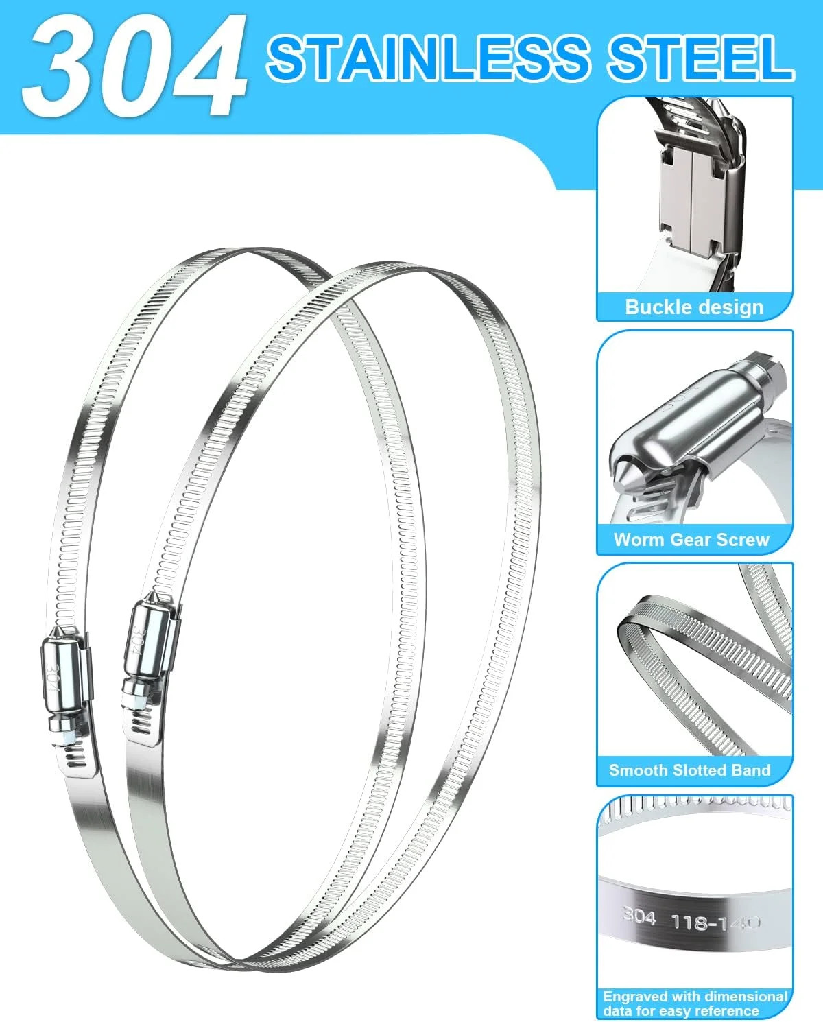 Hose Clamp Set – 6PCS 12 Inch 304 Stainless Steel Worm Gear Hose Clamps for Fuel