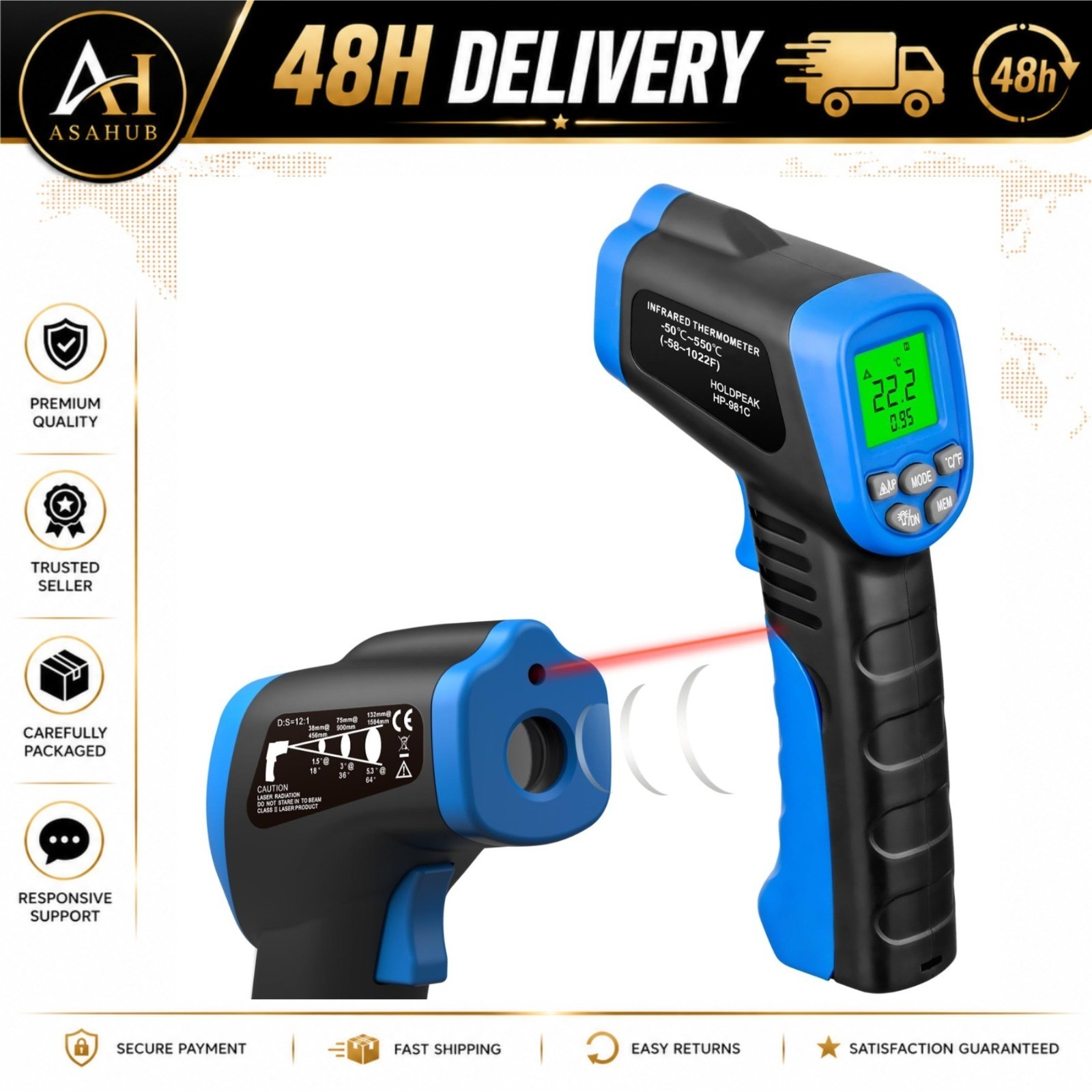 HOLDPEAK 981C Infrared Laser Thermometer -58 to 1022°F 550°C