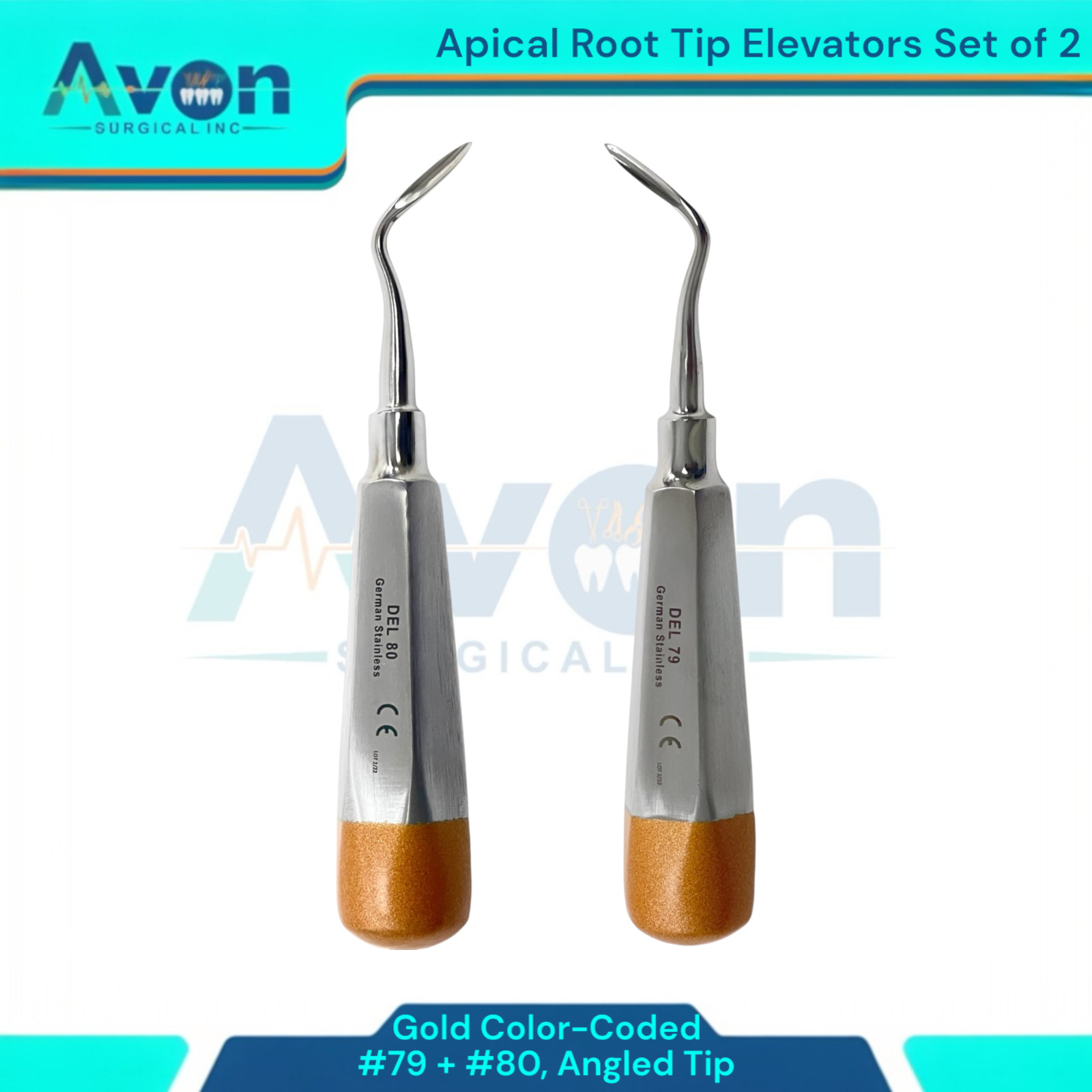 Left & Right Angled Apical Root Extraction Elevator Picks #79 + #80, Gold (2Pk)