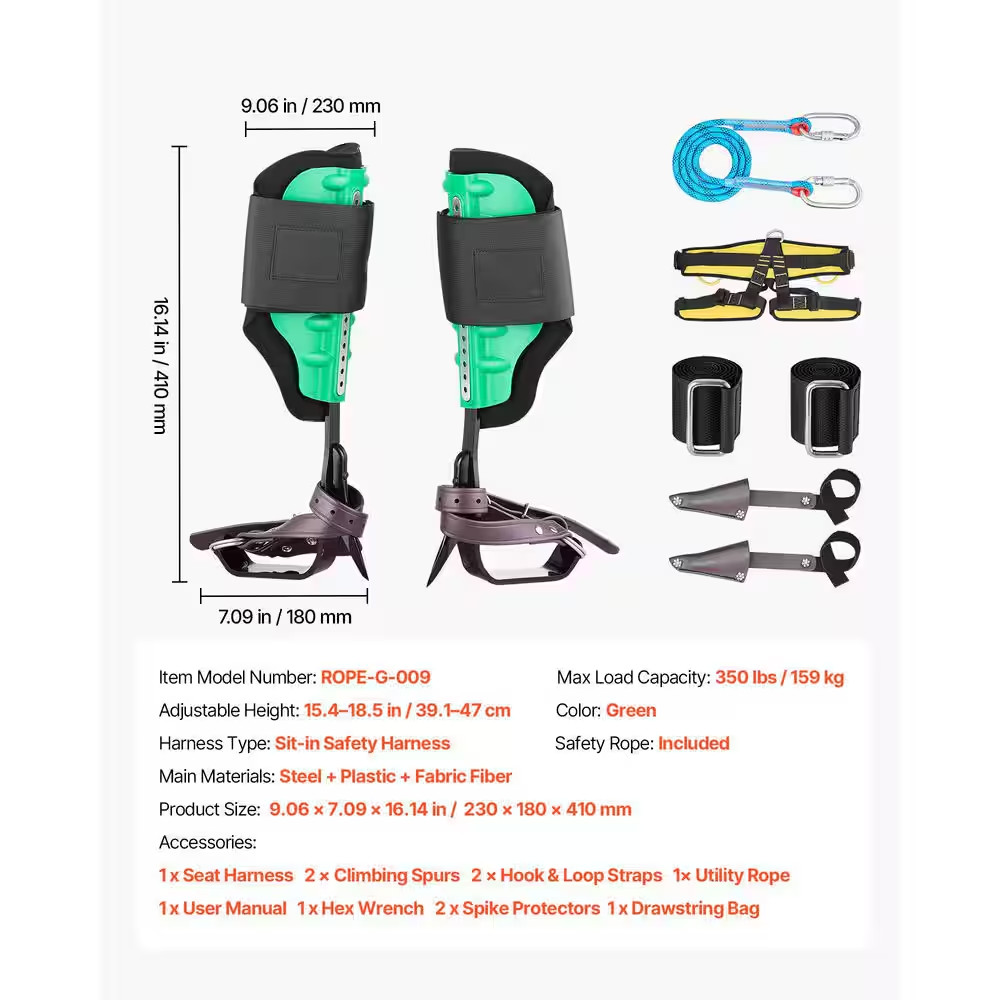 Tree Climbing Spikes Set, Adjustable Steel Spurs with Straps & Protectors, 350 L