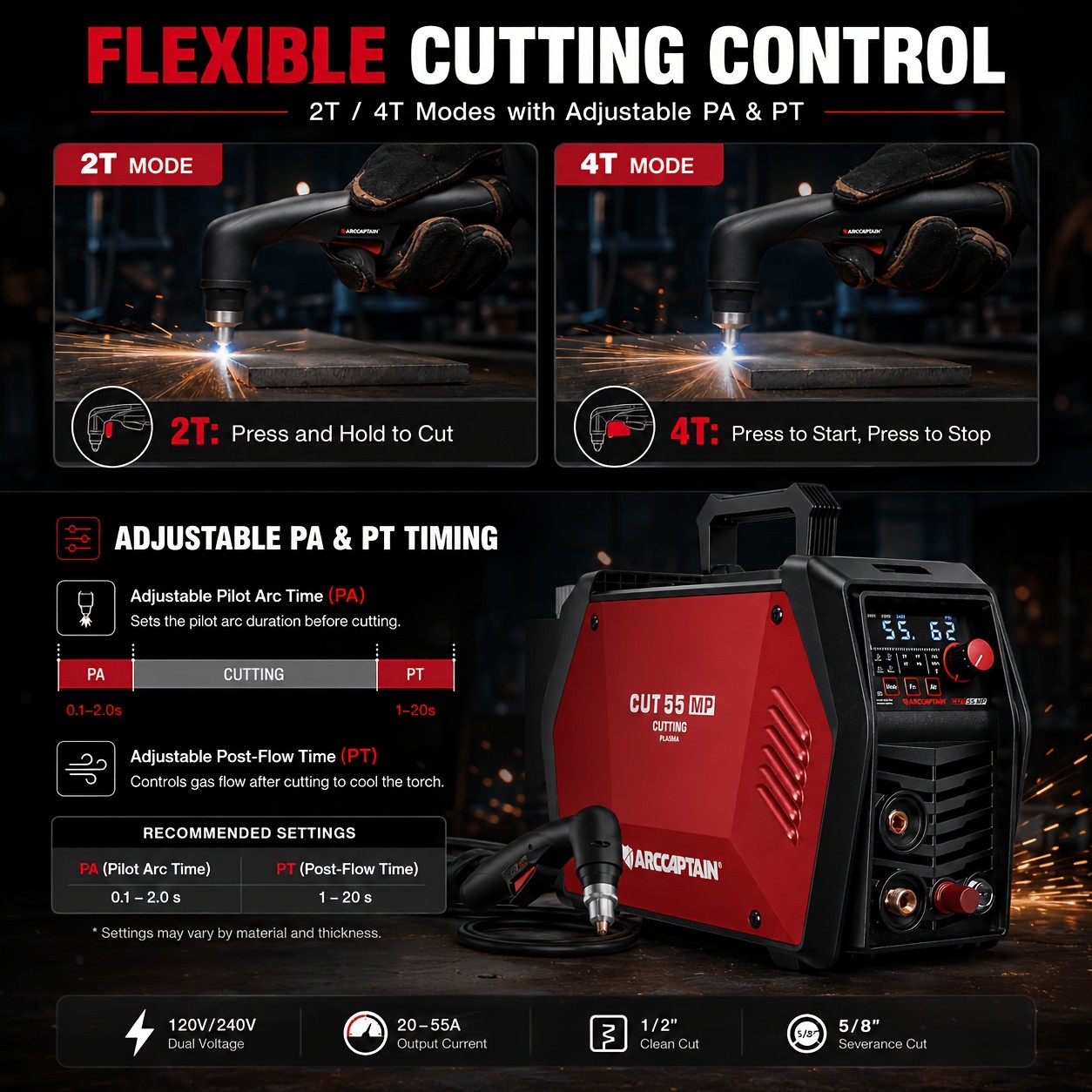 ARCCAPTAIN 55Amp Plasma Cutting Machine, Blowback Pilot Arc Cutter 120V/240V