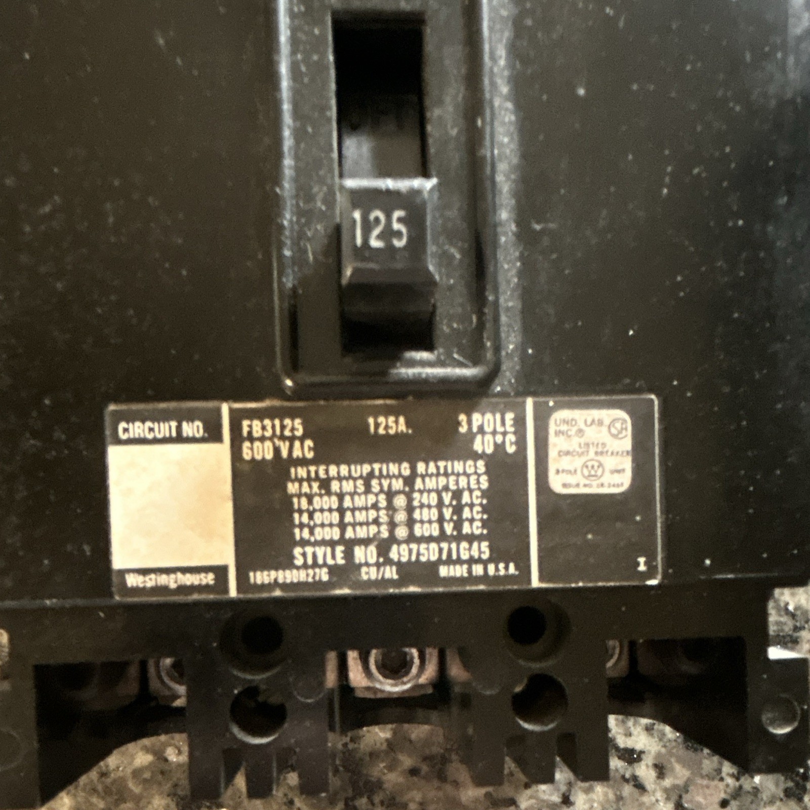 Westinghouse FB3125 125A 3P Bolt-On 600VAC Thermal Overload Breaker