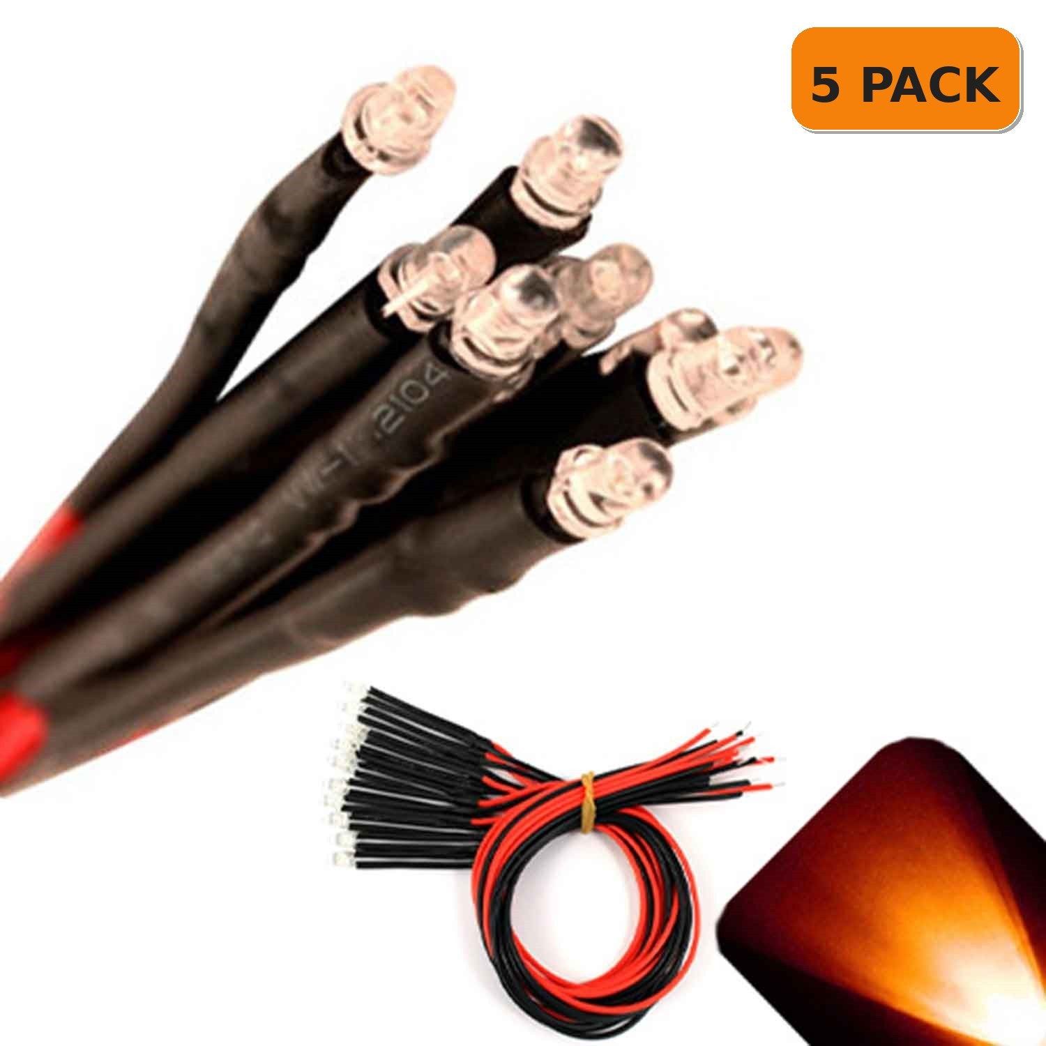 5 x Pre wired 6v 3mm Amber Orange LEDs Prewired 6 volt DC LED Light 3v 4v 5v