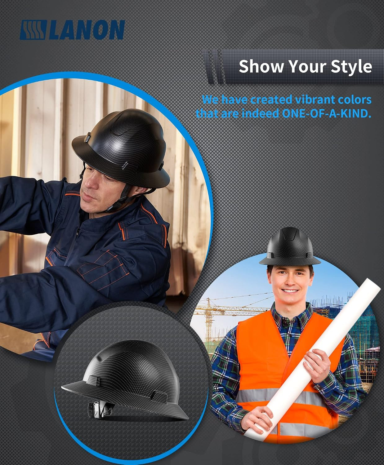 LANON Full Brim Hard Hat, OSHA Construction Work Approved, Premium Grey Dots Des