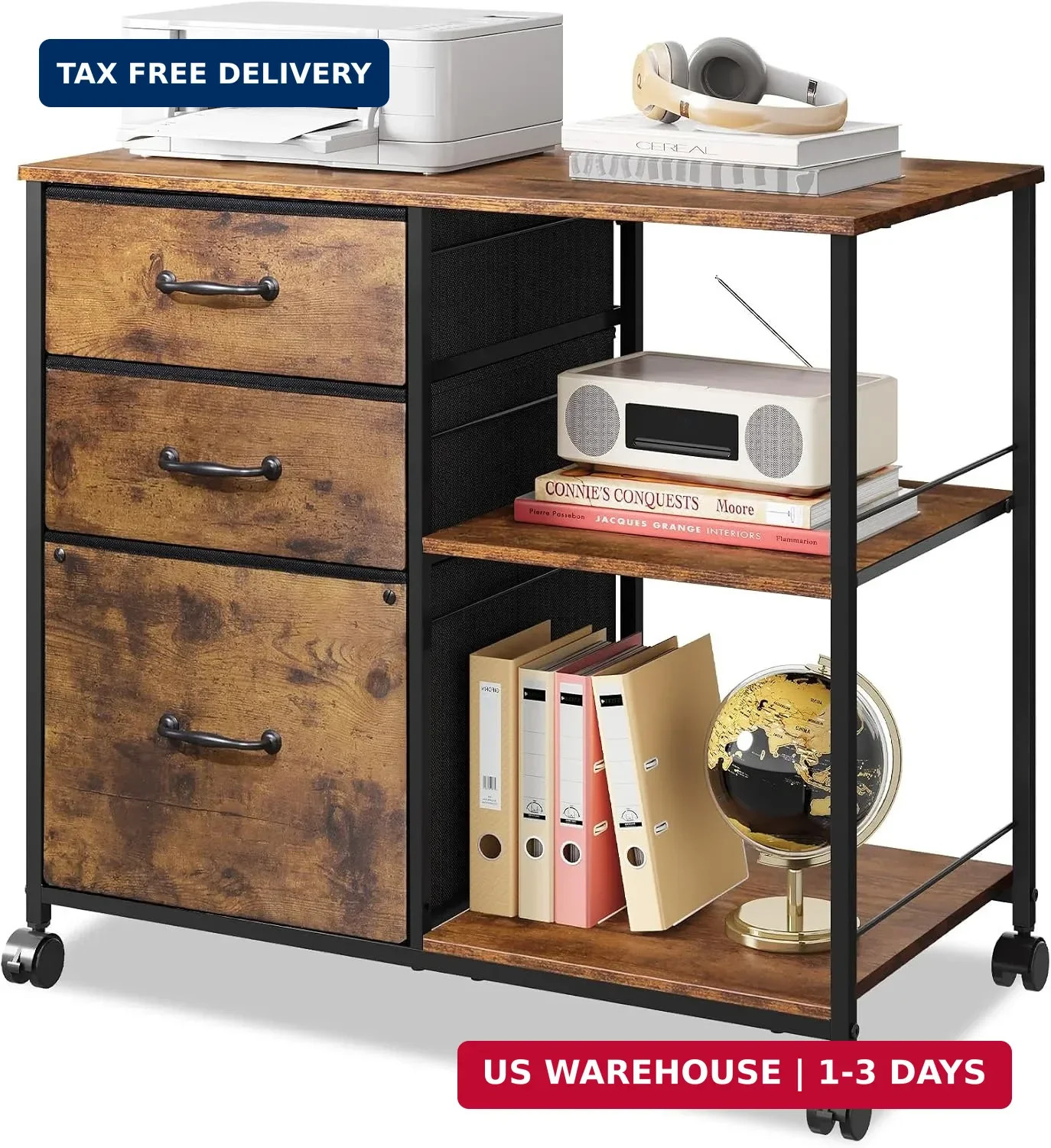 3 Drawer Mobile File Cabinet with Open Storage Shelf | Rolling Printer Stand, Fa