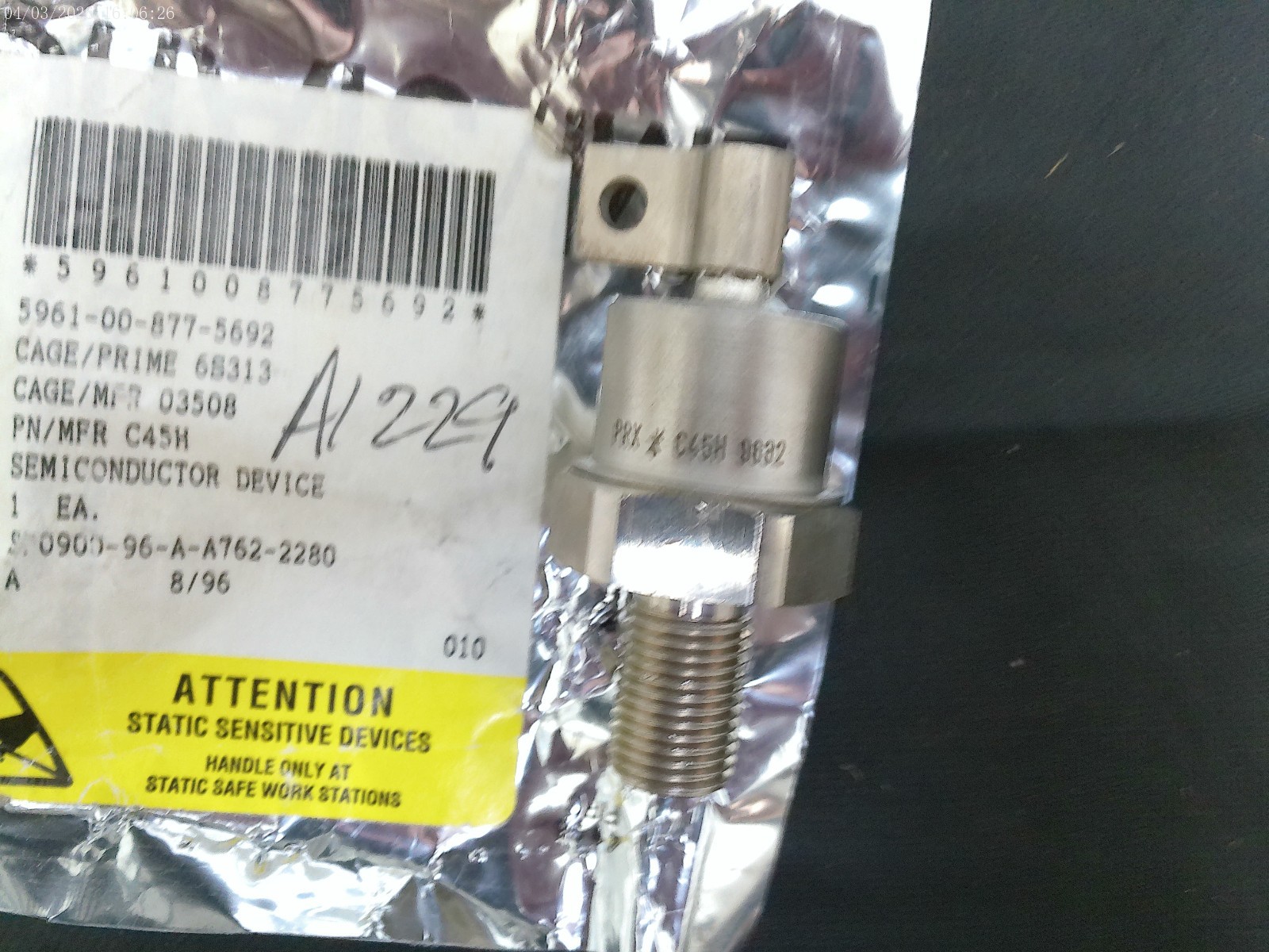 POWEREX/PRX C45H THYRISTOR STUD MOUNT TO-83 250V/50A – NUT NOT INCLUDED