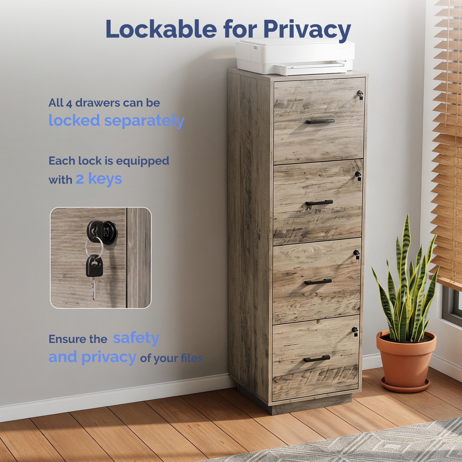 4-Drawer Tall File Cabinet with Independent Locks, Letter-Size Hanging Anti-Tip