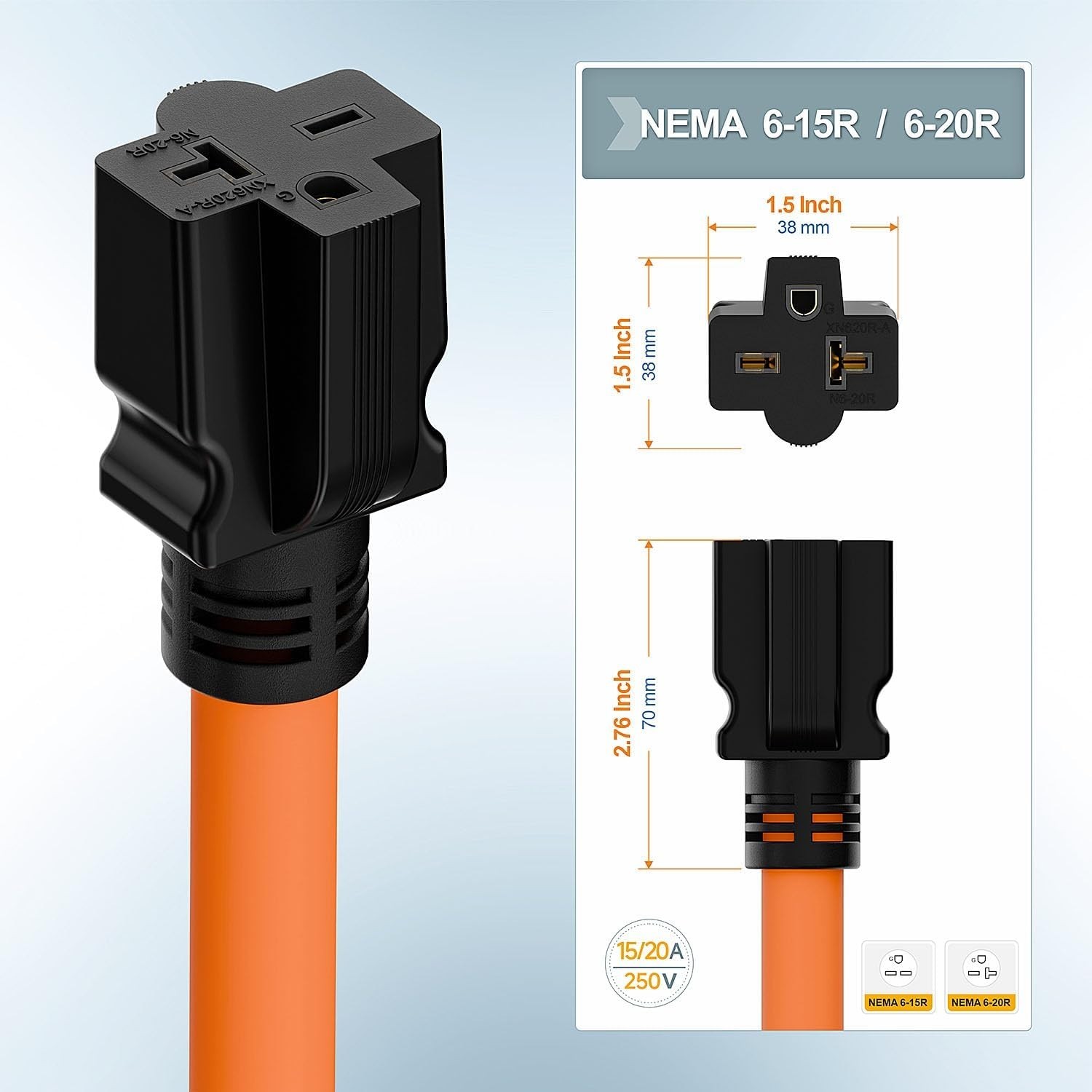 1FT Nema L6-30P 30-Amp Twist Locking Plug Male to 6-20R T-Blade Adapter, STW 12-