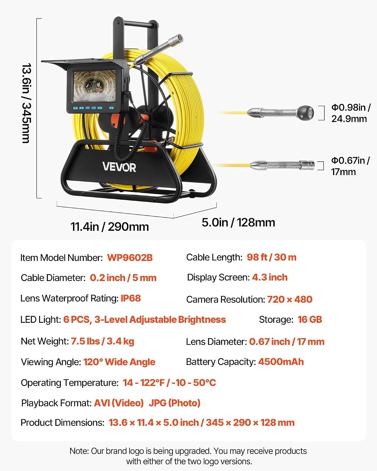 4.3» Drain Inspection Camera with 6 LEDs & 4500mAh Battery for Pipe Inspections