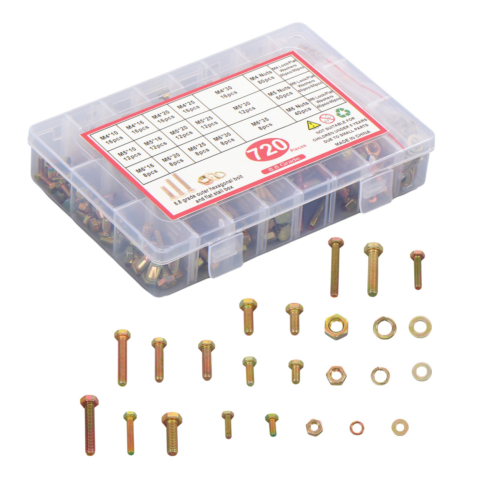 720PCS M4 M5 M6 BOLTS AND NUTS ASSORTMENT KIT GRADE 8.8 ALLOY STEEL HEX 15 SIZES
