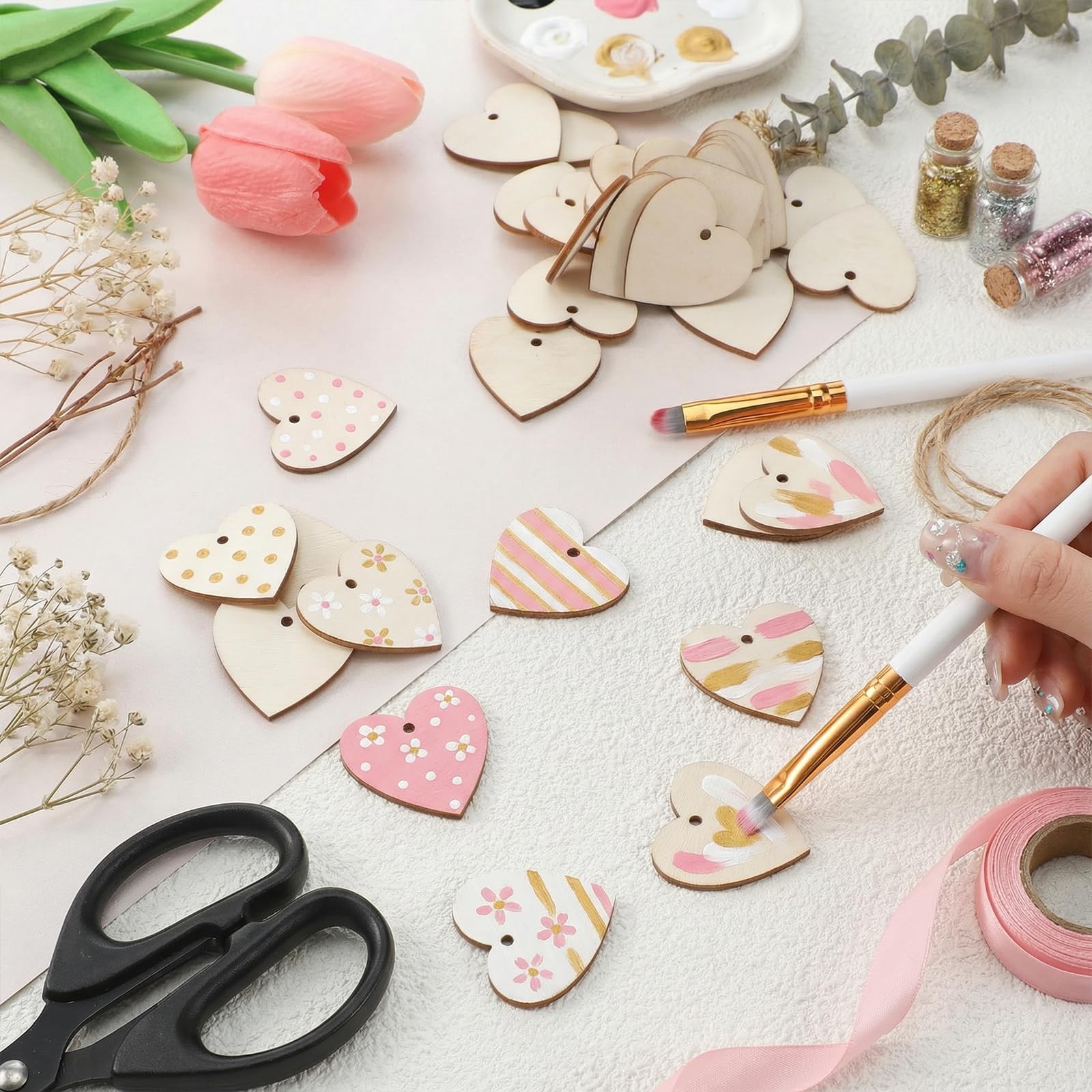 Wooden Hearts for Crafts 100pcs 1.3 Inch Unfinished with Holes DIY Wedding Decor