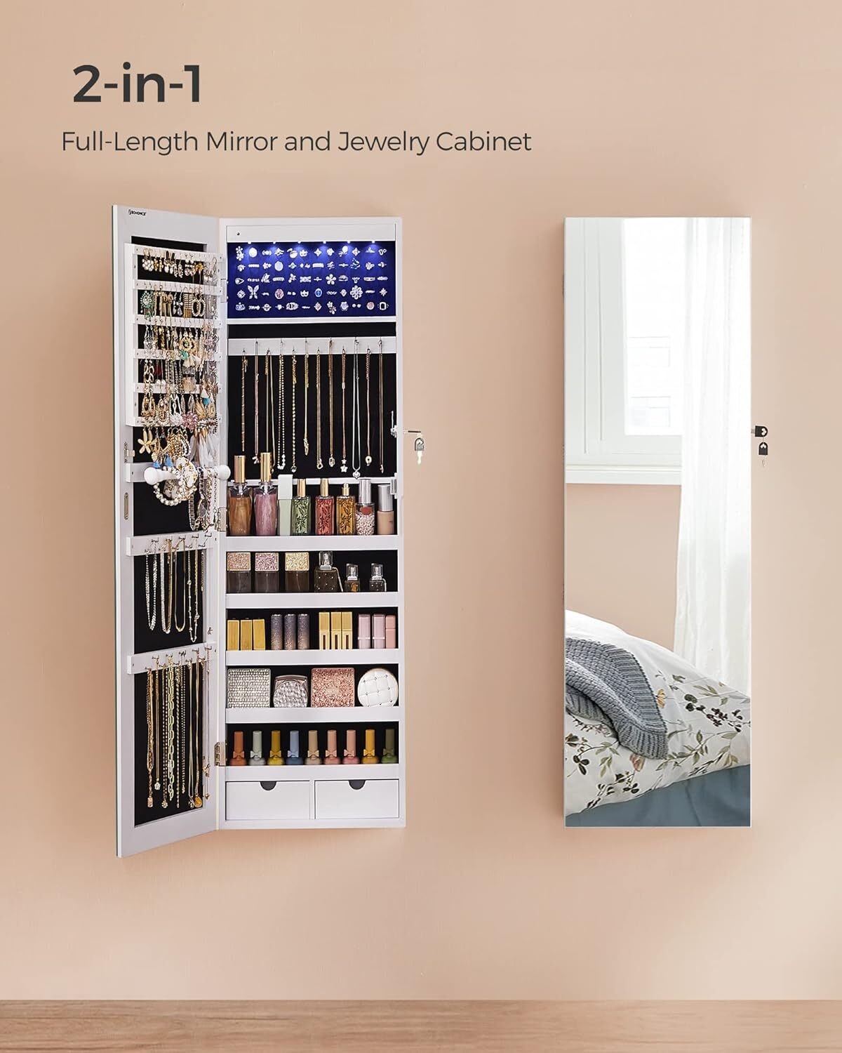 Wall-Mounted Cabinet with LED Interior Lights Door-Mounted Jewelry Organizer
