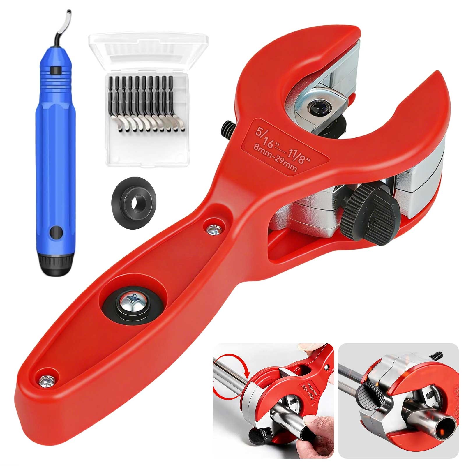 Ratcheting Tubing Cutter 5/16″–1-1/8″ Copper PVC Pipe Cutter+Deburring Tool Kit