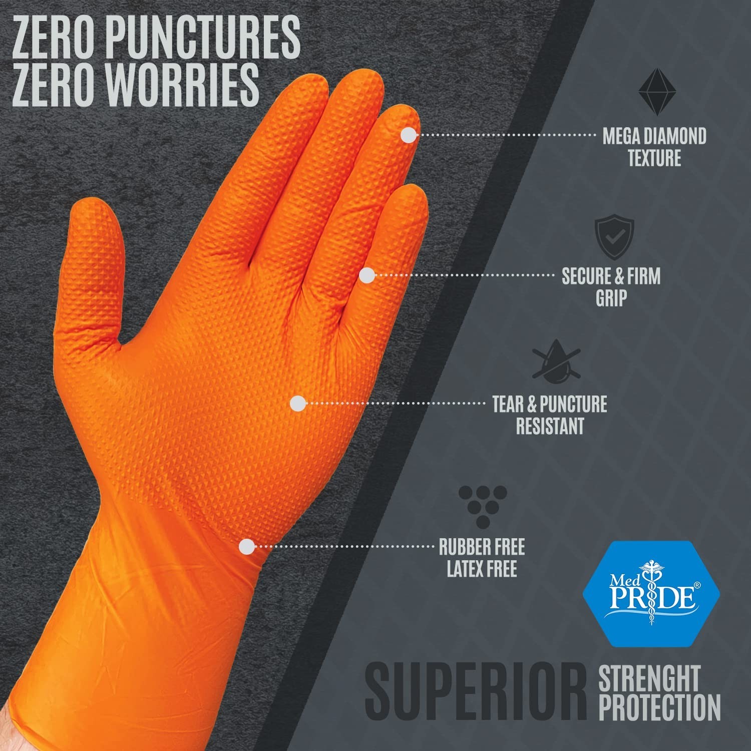 MED PRIDE Maxx Strength Nitrile Industrial Orange Gloves, 8 Mil Thick – Diamo…