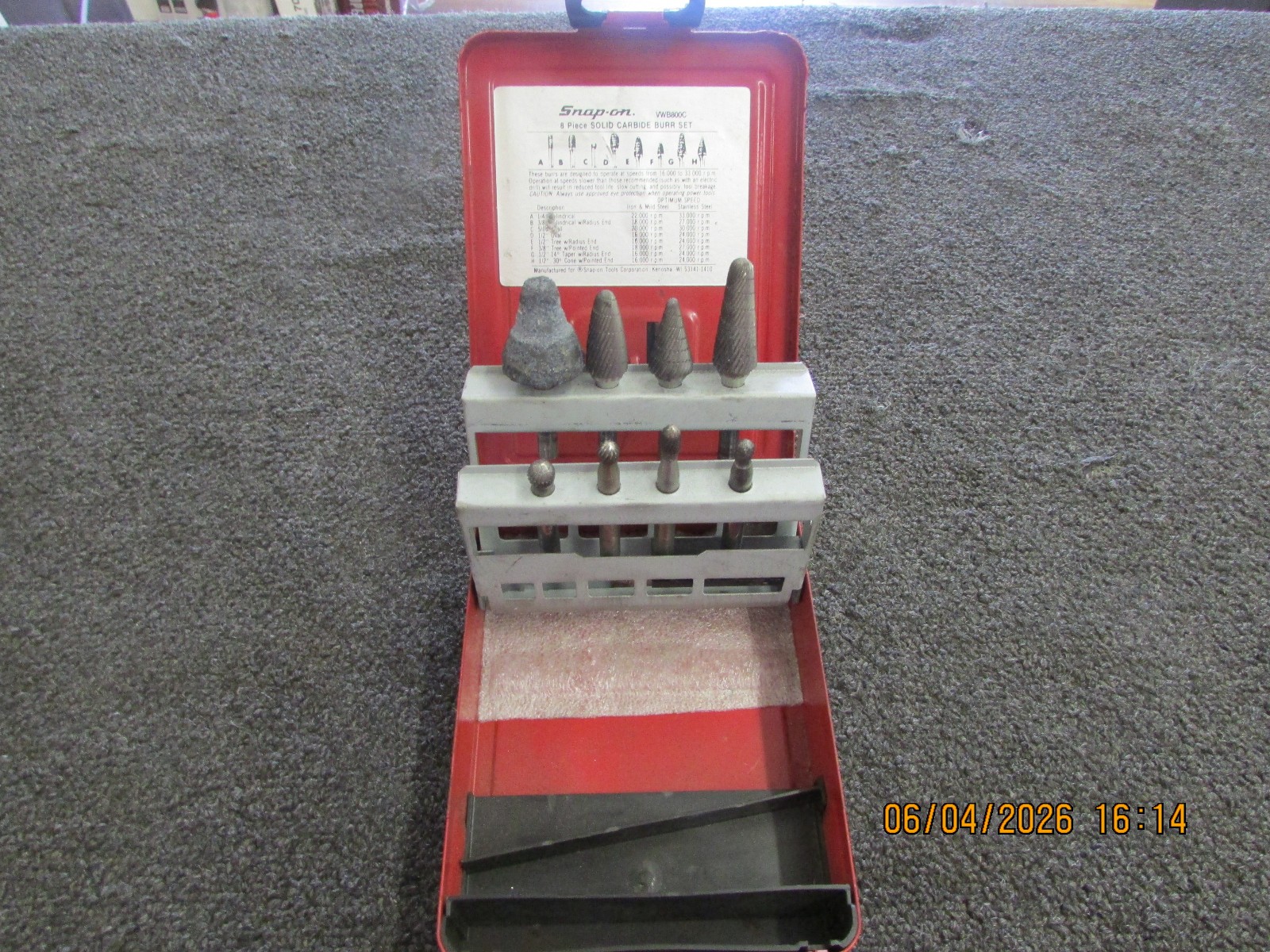 Snap-On Tools VWB800C 8 Piece Solid Carbide Burr Set Original Bits Made in USA