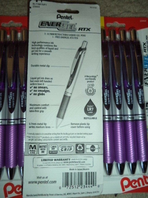 4 Pentel EnerGel RTX MEDIUM 0.7mm VIOLET INK LIQUID GEL PENS 23444 072512234440