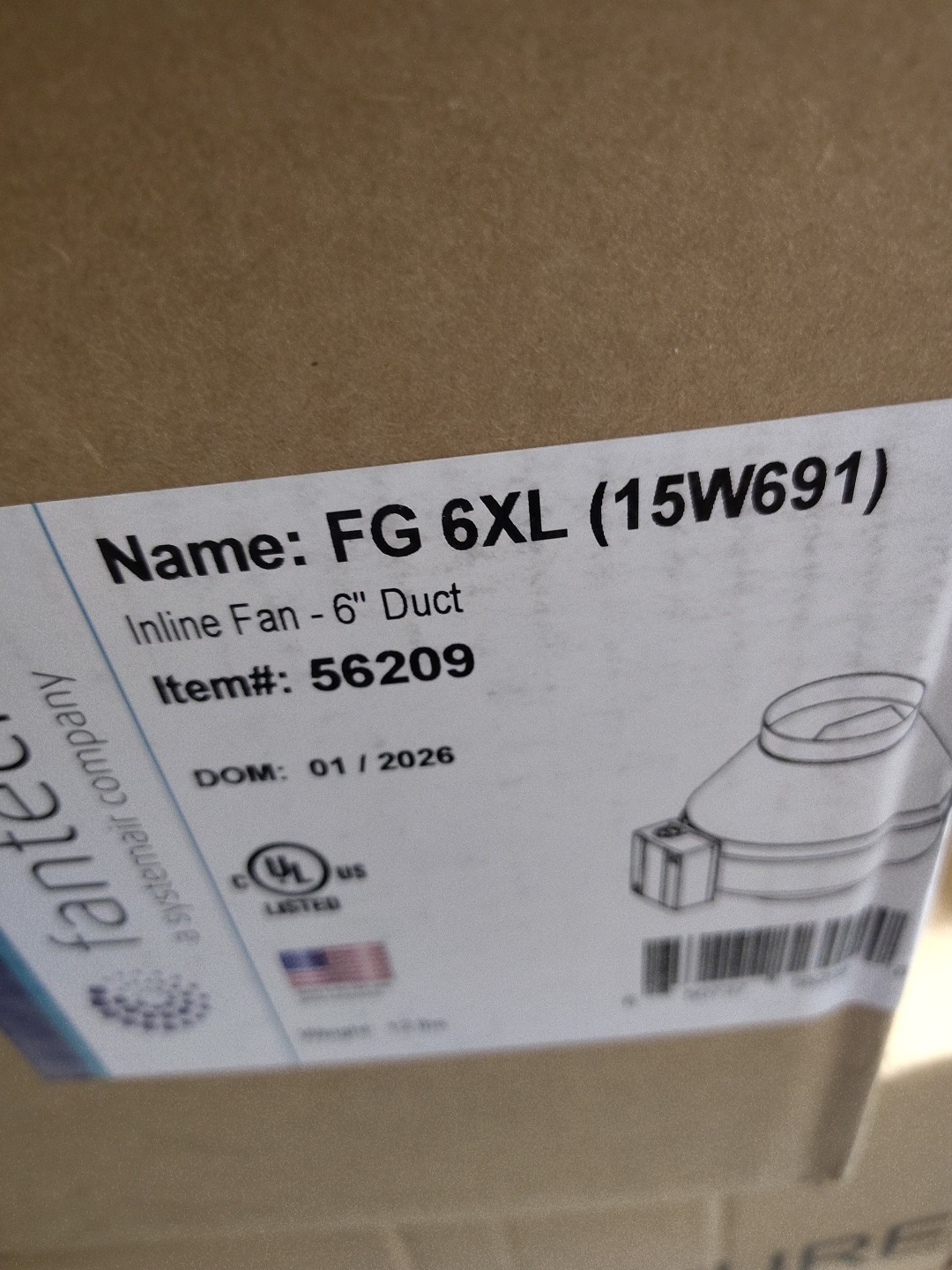 FANTECH FG 6XL Steel 13″D,15.1″H,8″W Inline Duct Fan 15W691