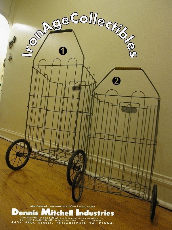 1940s Folding Metal Shopping Carts, Child’s & Adult Size Wire Basket Collapsible