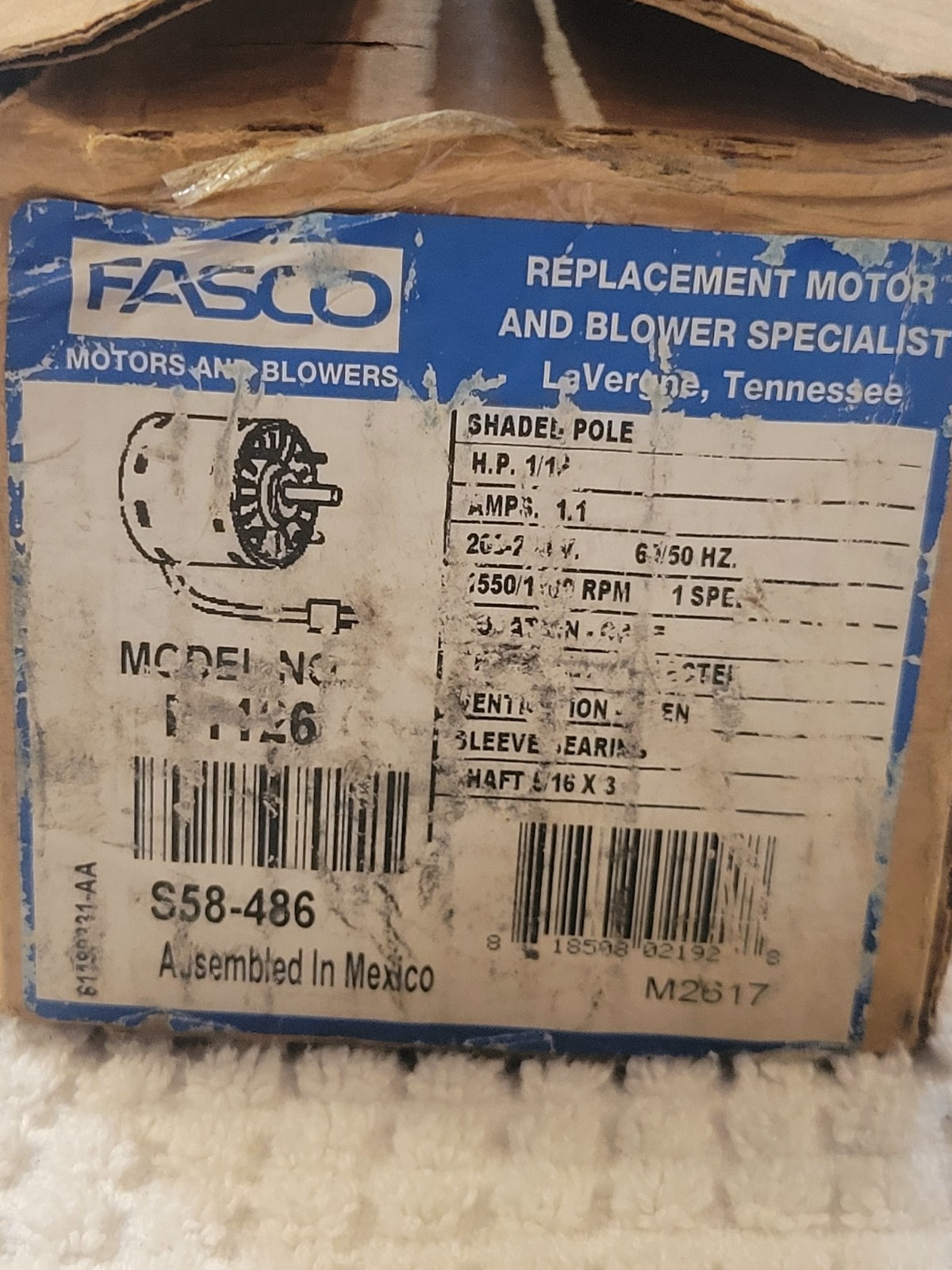 Fasco D1126 Motor New Open Box. S58-486 1/15HP 1550-1300RPM. Free Shipping