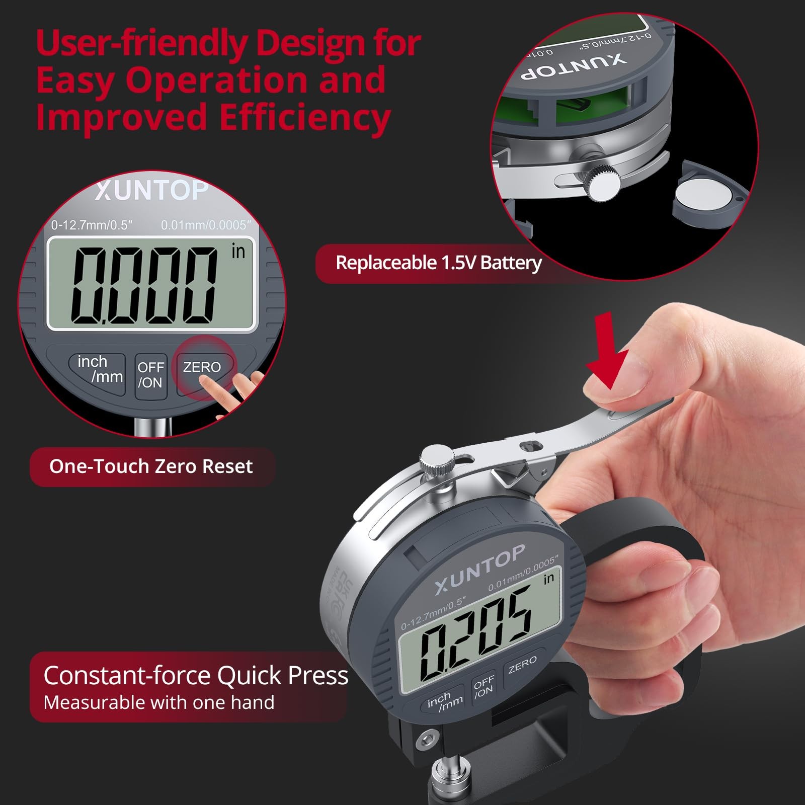 XUNTOP Digital Thickness Gauge 0.5inch/0.0005inch(12.7mm/0.01mm) Thickness Me…