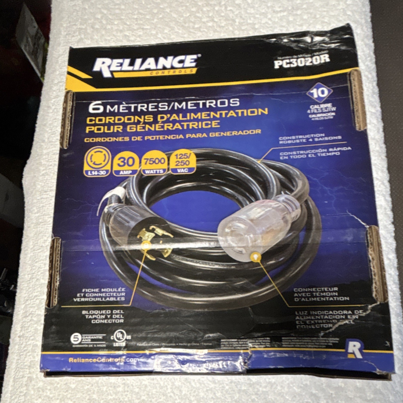 Reliance Controls PC3020R Power Cord 6 Meters 30A 7500W 125/250V Generator