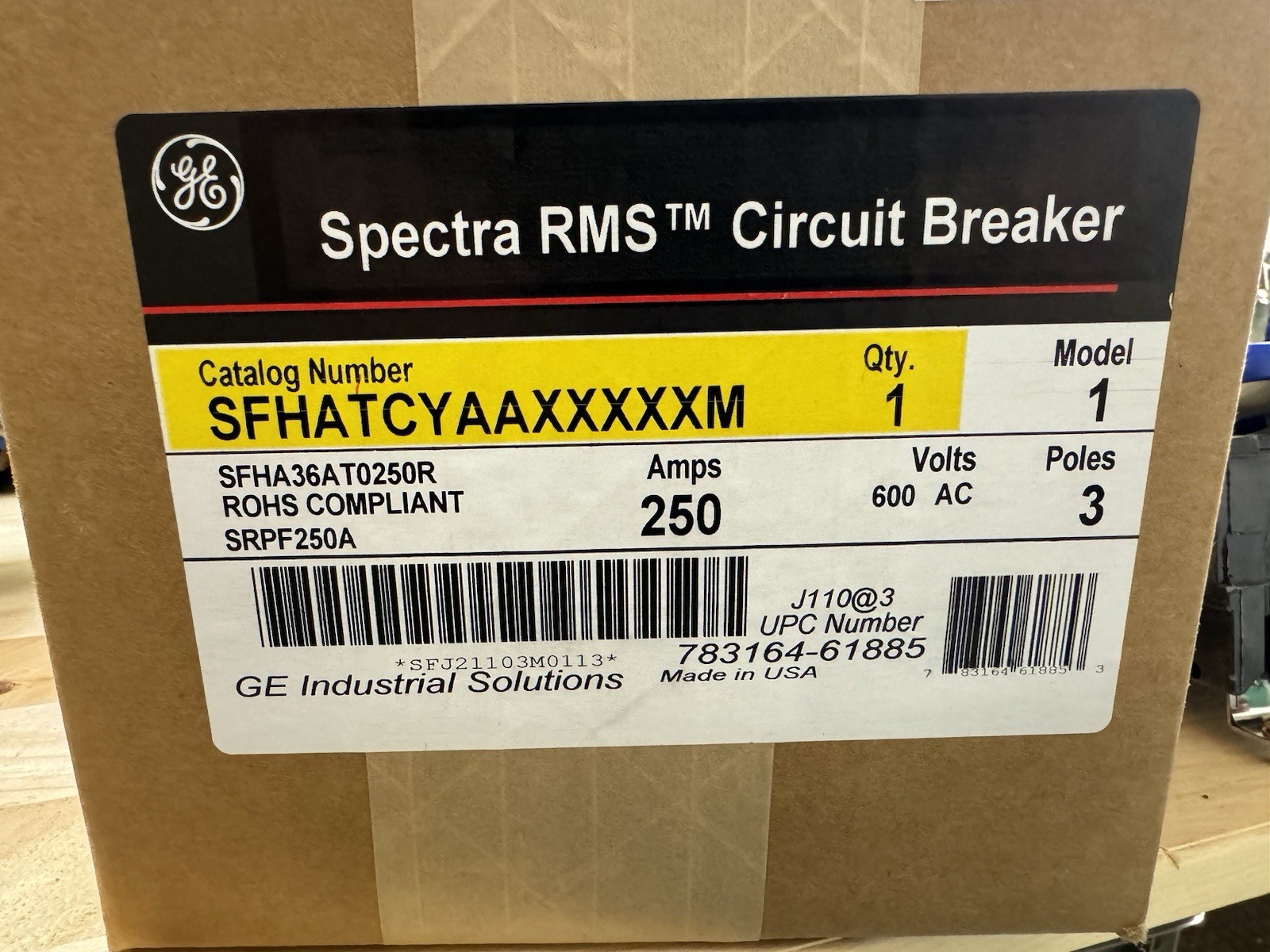 SFHA36AT0250 GE 250 Amp Frame 600V 3 Pole Bolt On Circuit Breaker New in Box