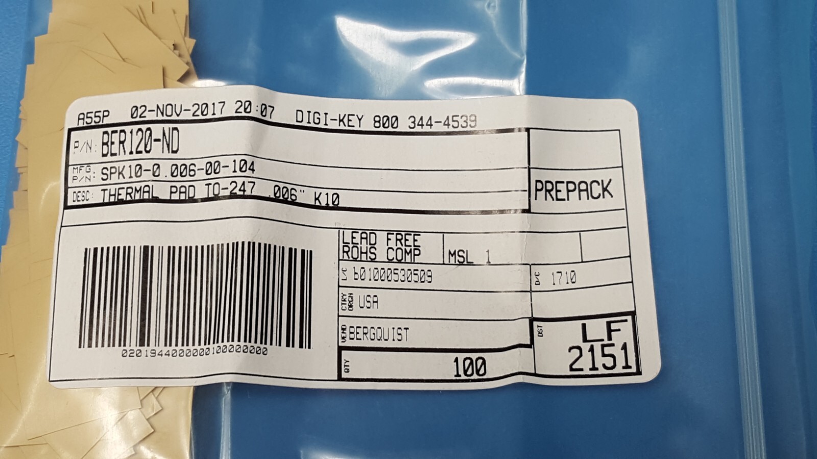 10pcs-Thermal Pad Beige, SPK10-0.006-00-104, Bergquist, 25.4 x 19.05mm, 1.3W/m-K